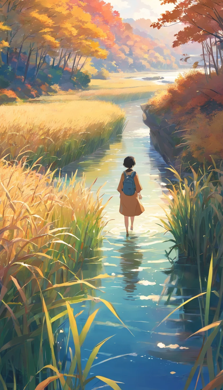 a river，There are reeds on the shore，Autumn landscape