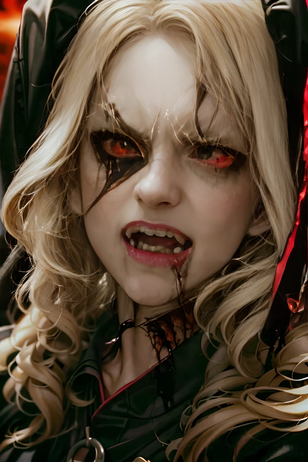 masterpiece, 8k, best quality, 1girl, vampire, sexy female angry vampire, bloody face, light blonde hair, huge tits, long (black hair):1.2, red glowing eyes, snarling, open mouth, fangs, dark smoky eye makeup, wearing long leather dress, clawed hands, sunset town background, high definition, detailed, intricate, gigantic breast, cleavage, giga_busty