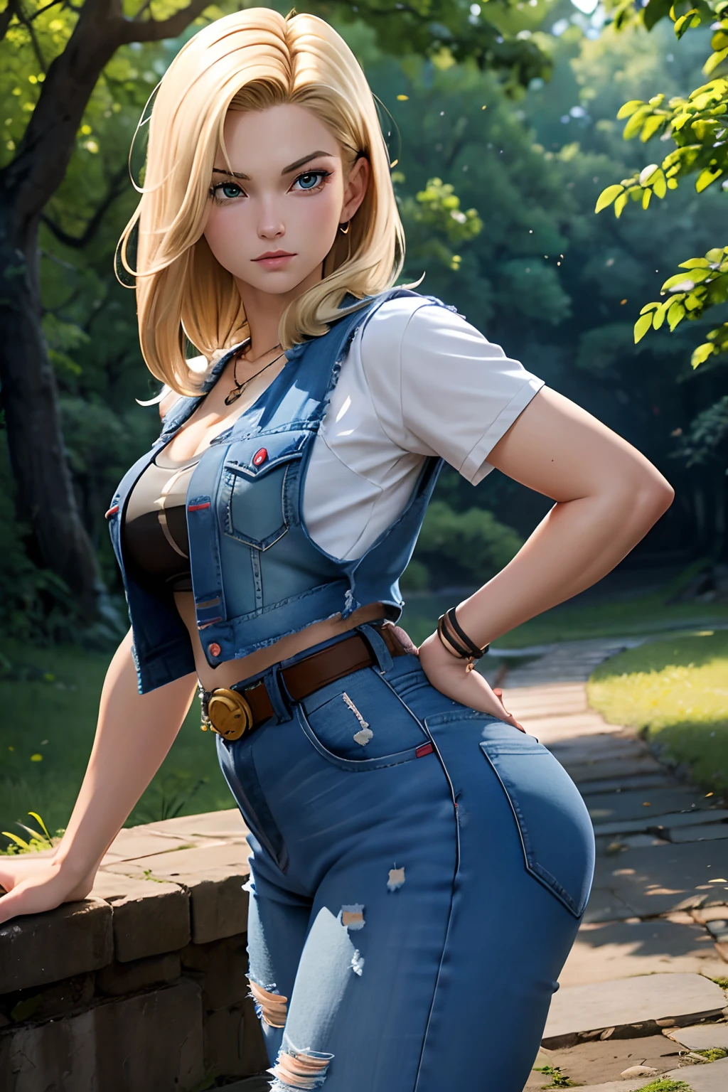 Slender Japan、Light hair color、a blond、verd s eyes、de pele branca、photos realistic、masutepiece, Best Quality,, absurderes, Beautiful Android 18、.....db, Solo, JINS, denim, Belt bag, vests,tshirts、Necklace, jeans, Rock, Volumetric lighting, Best Quality, masutepiece, Intricate details, tonemapping, Sharp Focus, Hyper Detailed, Trending in art stations, Damaged clothes, tits out, Slim body, Good anatomy, Buttocks and curves,、the pose、plein air