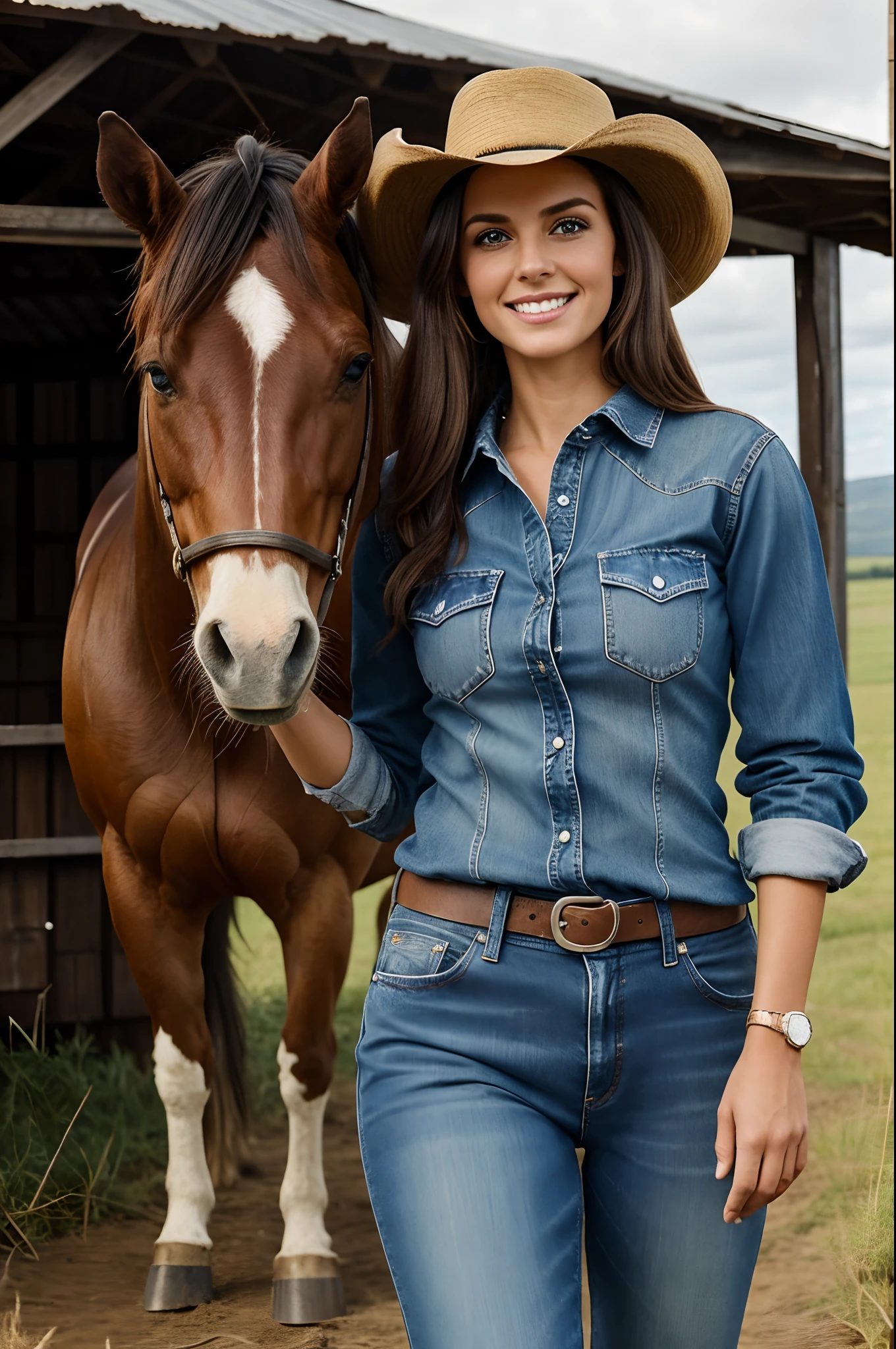 "Descreva uma mulher deslumbrante com cabelos loiros curtos, usando um estilo country. She's wearing leather boots, a pair of distressed jeans and a plaid shirt that enhances her slender figure. His sun-tanned skin and cowboy hat blend perfectly with the rural surroundings around him. She has a warm smile that lights up her face and deep blue eyes that reveal a mix of determination and kindness. She's standing next to an old barn, cercada pela beleza da natureza selvagem, com um cavalo ao seu lado, demonstrating a deep connection to life in the countryside."