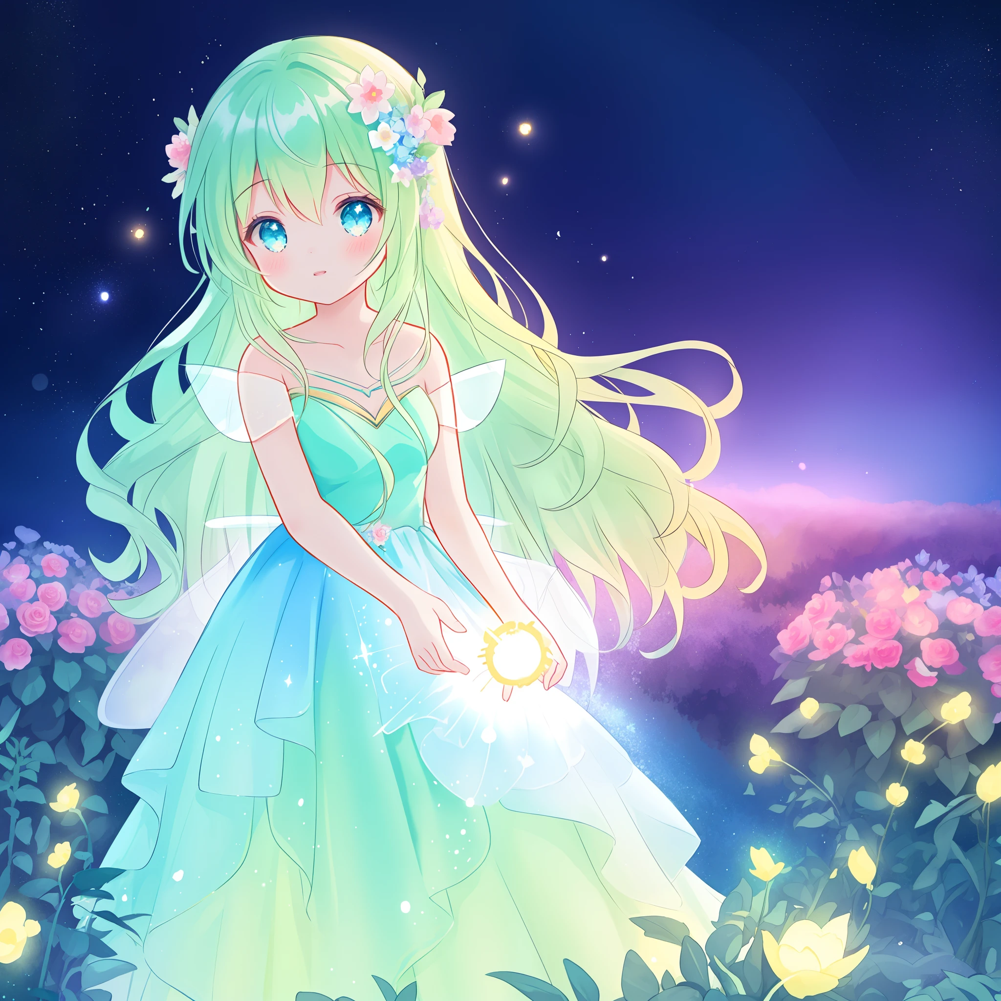 beautiful girl in flowing ballgown dress, (glowing fairy wings), glowing flowing ballgown, long wavy hair, sparkling fairy wings, watercolor illustration, flowers and colorful plants, inspired by Glen Keane, inspired by Lois van Baarle, disney art style, by Lois van Baarle, glowing aura around her, by Glen Keane, jen bartel, glowing lights! digital painting, flowing glowing hair, glowing flowing hair, beautiful digital illustration, fantasia otherworldly landscape plants flowers, beautiful, masterpiece, best quality, anime disney style