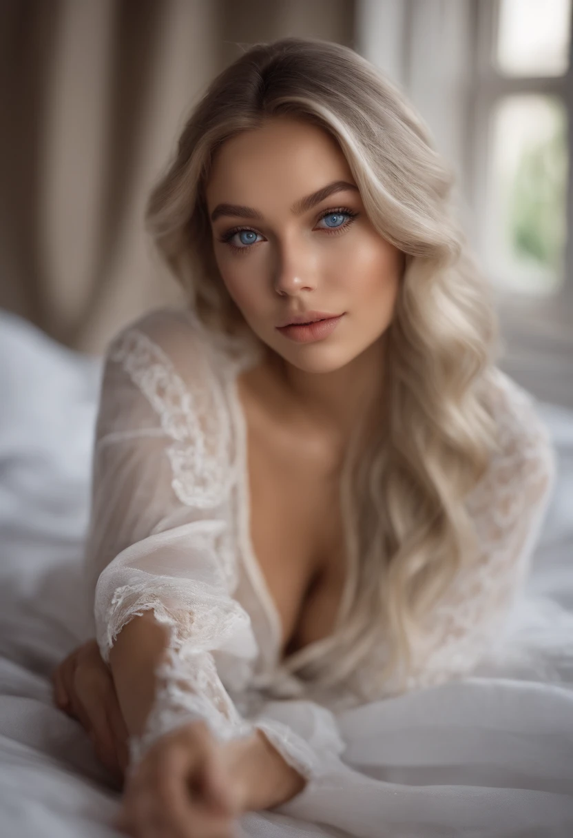 arafed woman fully , sexy girl with blue eyes, ultra realistic, meticulously detailed, portrait sophie mudd, blonde hair and large eyes, selfie of a young woman, bedroom eyes, violet myers, without makeup, natural makeup, looking directly at the camera, face with artgram, subtle makeup, stunning full body shot kneeling on bed, in bedroom, medium to large size bust