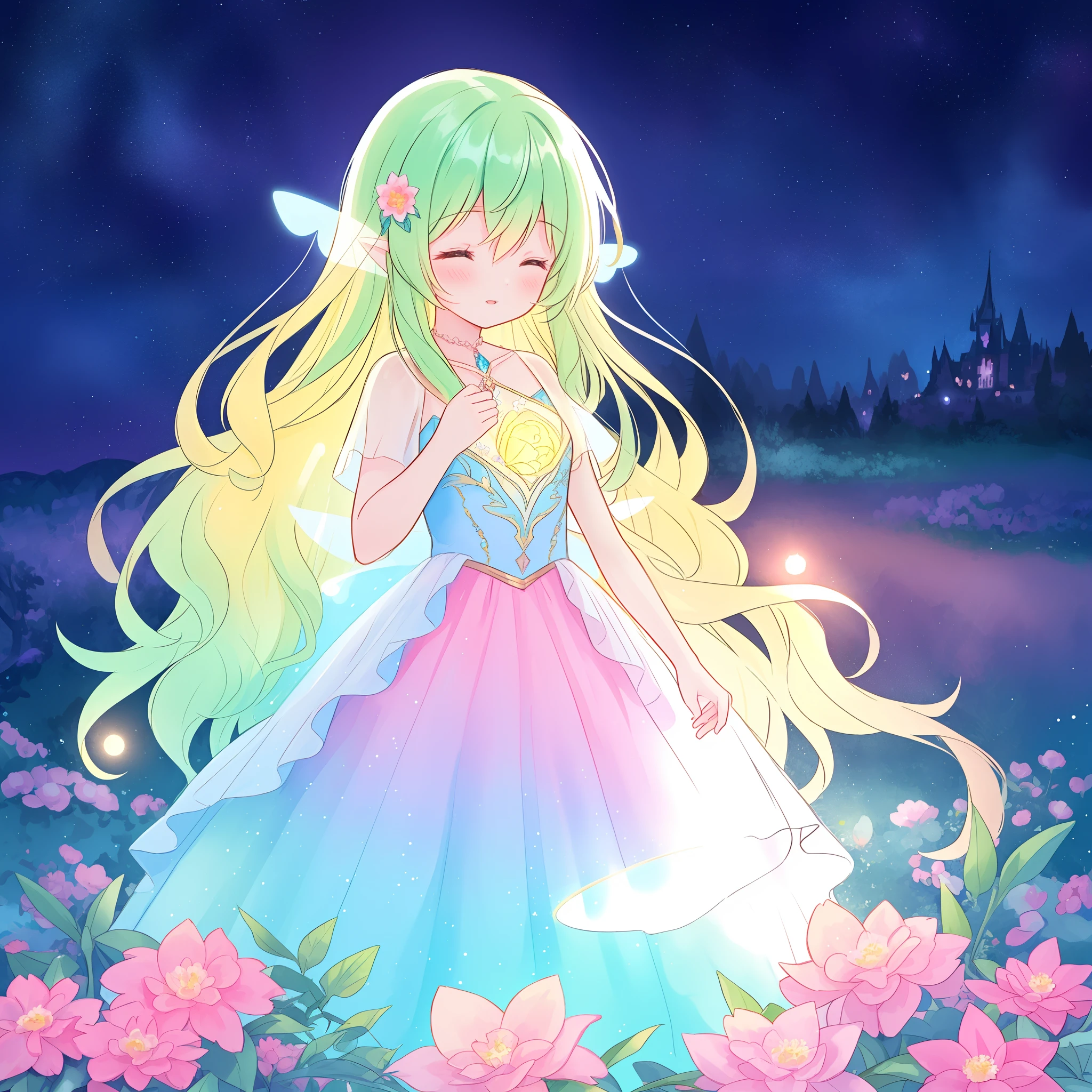 beautiful girl in flowing ballgown dress, (glowing fairy wings), glowing flowing ballgown, long wavy hair, sparkling fairy wings, watercolor illustration, flowers and colorful plants, inspired by Glen Keane, inspired by Lois van Baarle, disney art style, by Lois van Baarle, glowing aura around her, by Glen Keane, jen bartel, glowing lights! digital painting, flowing glowing hair, glowing flowing hair, beautiful digital illustration, fantasia otherworldly landscape plants flowers, beautiful, masterpiece, best quality, anime disney style