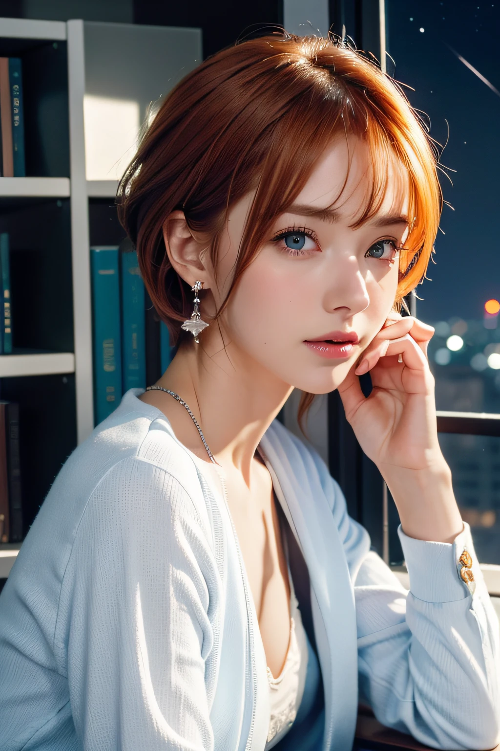 Best Quality, (masutepiece:1.2), Illustration, absurderes, (1girl in, Solo), (Beautiful detailed girl), ((Upper body, Portrait)),, Neck Macmillan, Short hair, Orange hair, Blue eyes, medium breasts, Blue Crystal Earrings, White jacket, , Cool, Calm, Looking at Viewer,, In an elegant bedroom, Night, window, drapes, Starry sky, apples, bookcase, nightstand, vases, desk work,