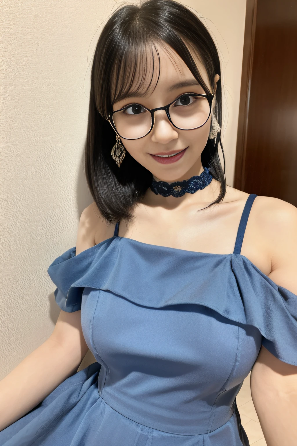 Best Quality,4K,8K,hight resolution,masutepiece:1.2),Ultra-detailed,(Realistic,Photorealistic,Photorealsitic:1.37),Beautiful expressive eyes,long eyelashes,Beautiful detailed lips,Detailed hair and face,Friendly smile,Clean and perfect skin,(Very large breasts, Big Tits, oversized tits),long,(earrings, lace choker, Stylish dark blue silk dress),Bright store、poneyTail、wears glasses、Laughing、