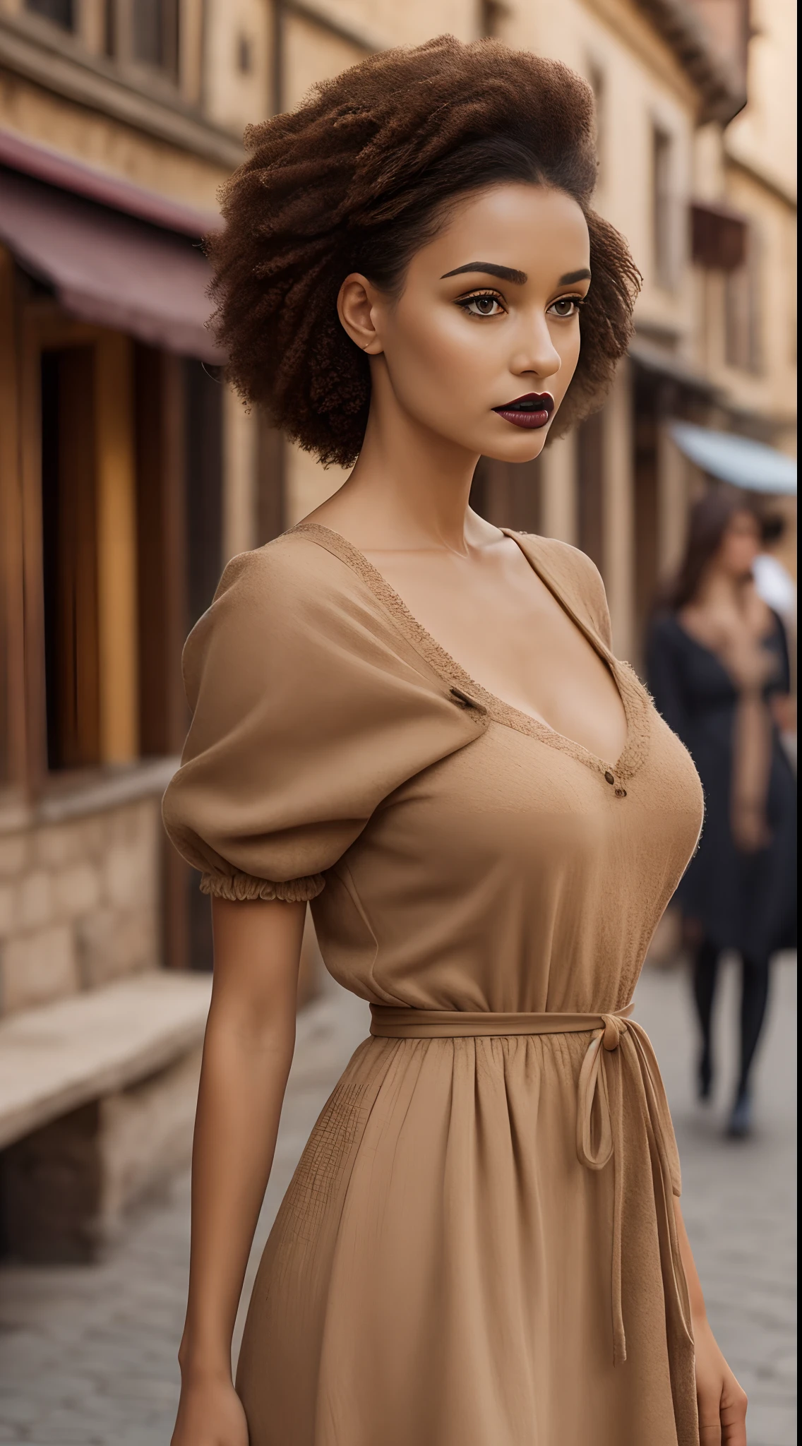 1girl, solo, Rustic homespun dress in earthy brown, made from coarse wool, with a loose smock-like fit, high waistline, and three-quarter length sleeves, Madame, Average Height, Lean, Triangular Face, Tan Skin, Honey Blonde Hair, ice blue Eyes, [[Curved Nose]], Full Lips, Round Chin, Long Hair, Thick Hair, Tapered Afro, natural breasts, , black sheer lipstick, Bending sideways with one arm reaching overhead, Enchanting medieval marketplace bustling with merchants and lively townsfolk, angry, proud, :] , breathtaking, intricate details, absurdres, highres, ultra detailed, highest quality, amazing details,