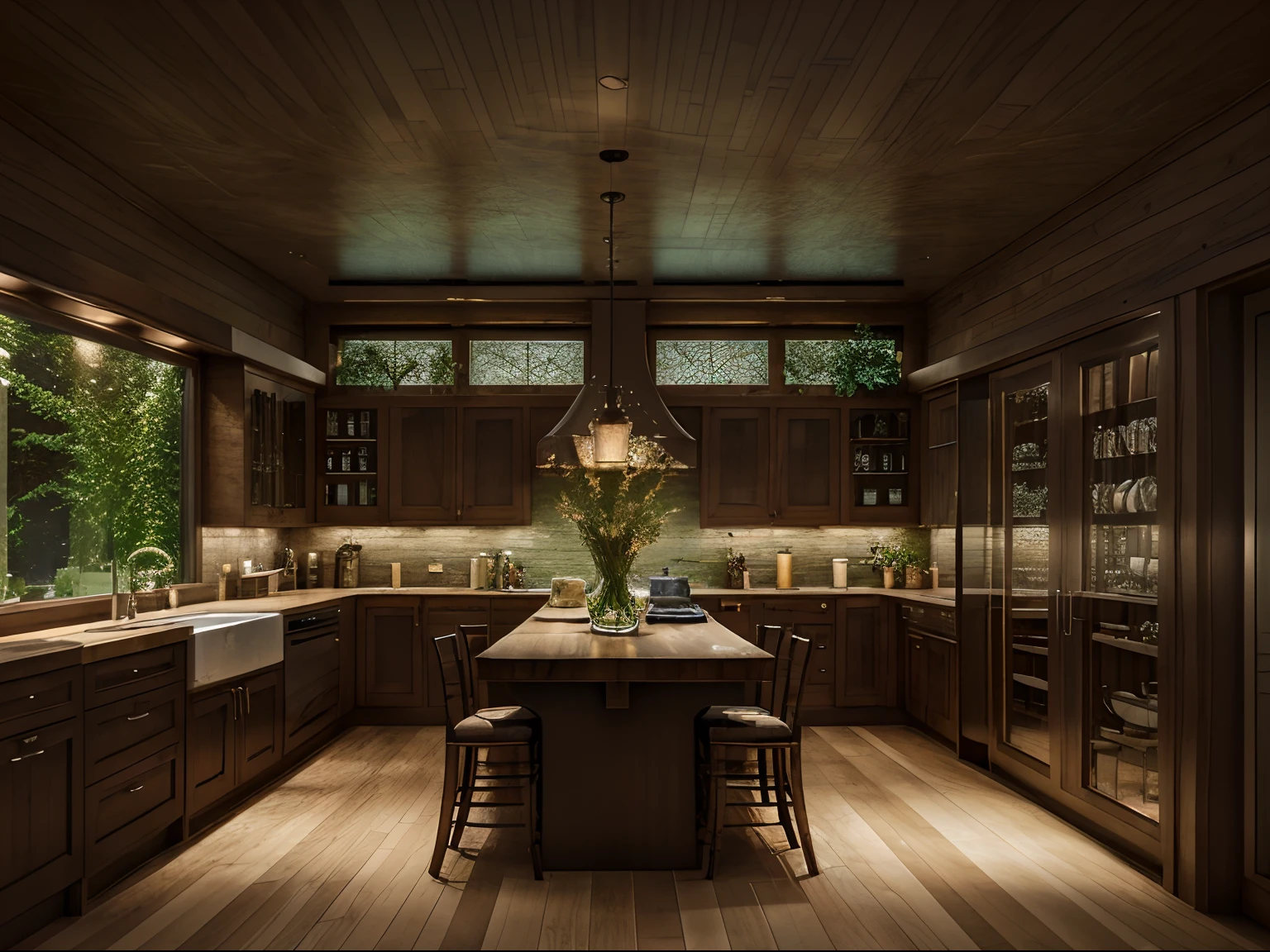 A large kitchen with full interior details, table, Double glass pane outward, Decorative greenery, Realistic and detailed visual widgets, Dimension, Modern wood materials, beautiful lighting, Magical night space with the light of lamps preparing for a crowded party, monumental