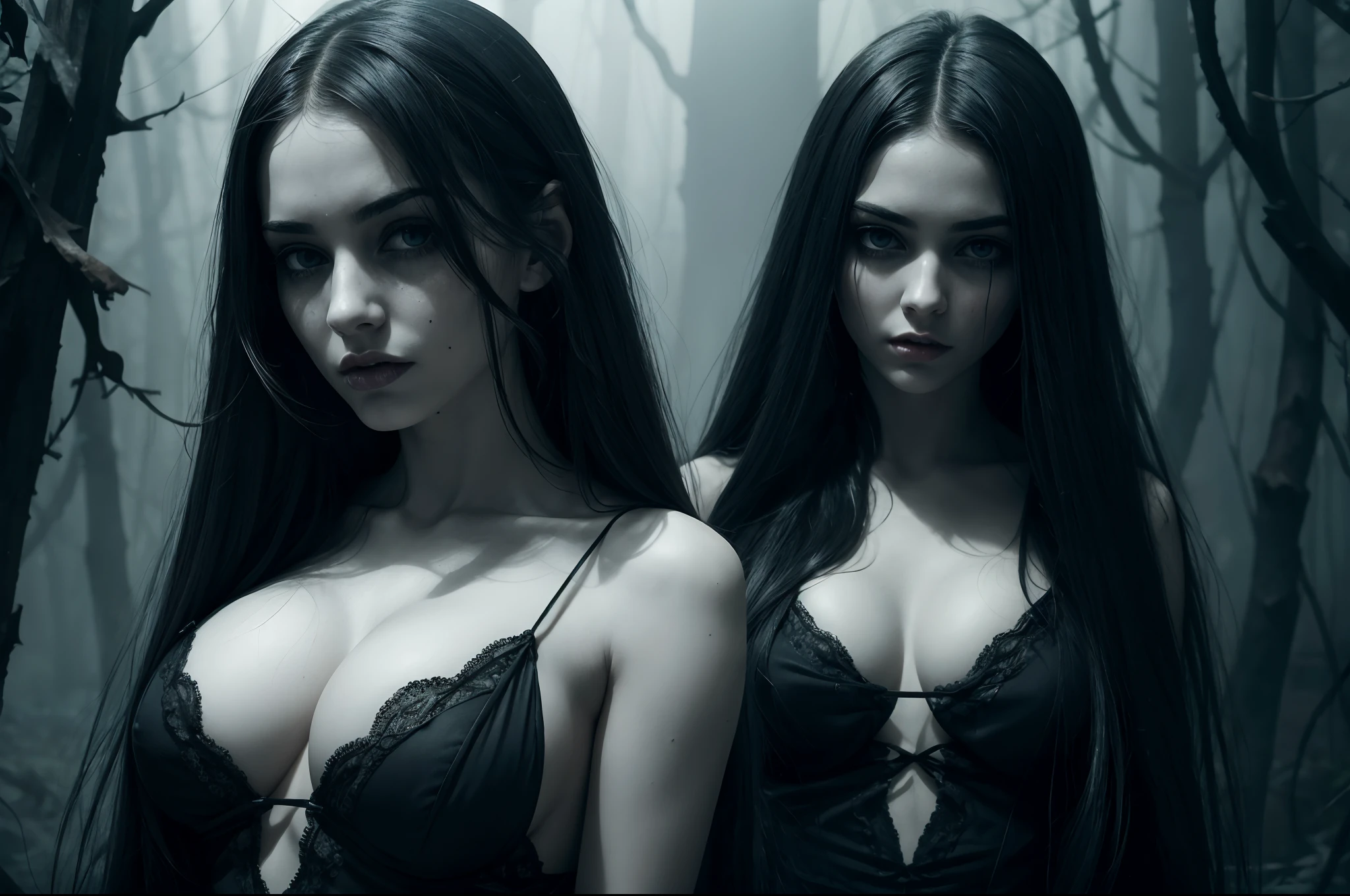 beautiful detailed girl, ghostly horror environment, deep , eerie shadows, haunting eyes, pale skin, flowing dark hair, ethereal atmosphere, misty surroundings, tattered dress, mysterious aura, chilling presence, supernatural beauty, intense gaze, creepy ambiance, spectral presence, bone-chilling allure, spectral lighting, enigmatic expression, gloomy backdrop, macabre elements, otherworldly charm, captivating and haunting, nightmare-inducing features, spine-tingling allure, mesmerizing and unsettling, hair-raising details
