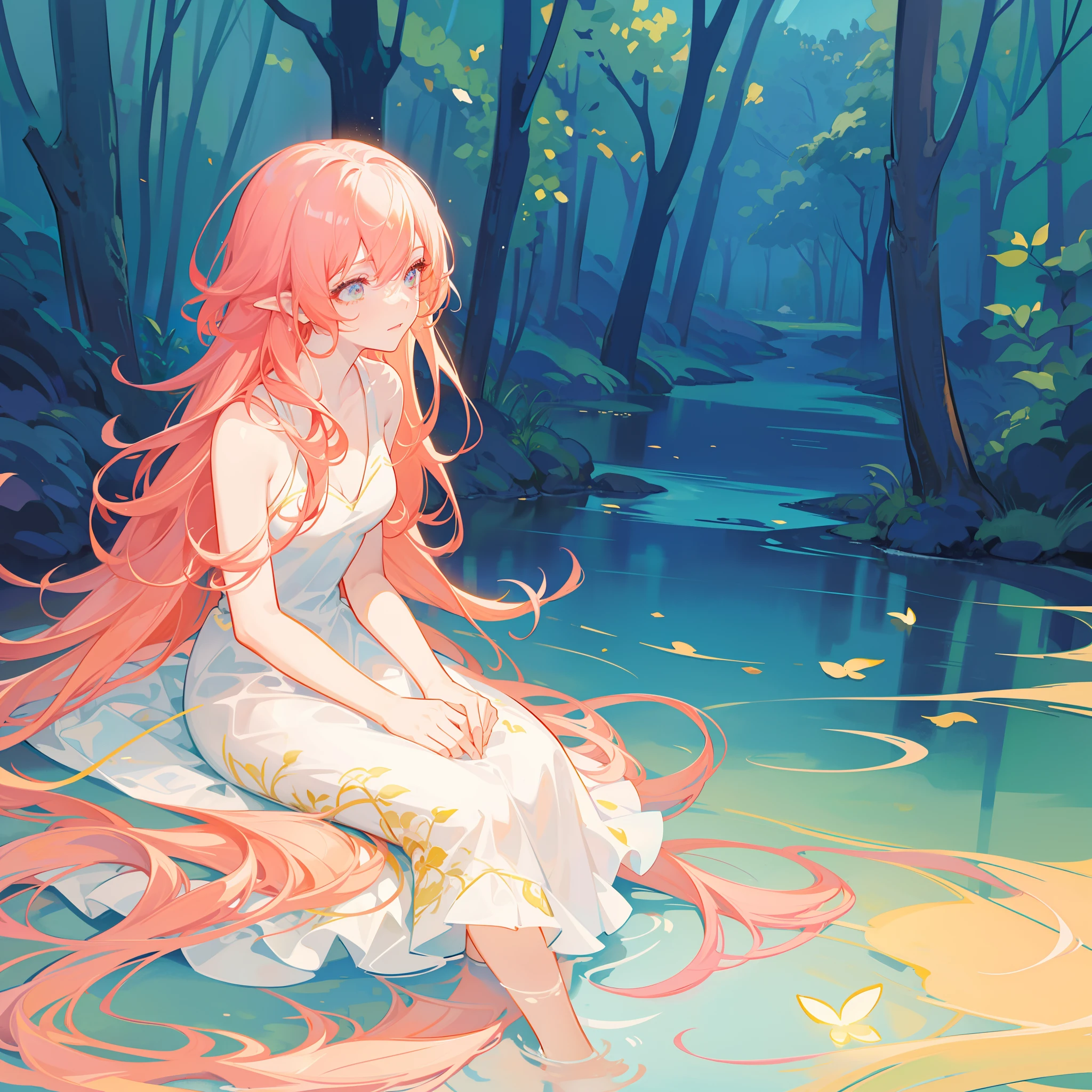 beautiful girl in simple white dress, long red hair, forest background, beautiful girl sitting in a river, forest landscape, nature, beautiful girl, beautiful face, vibrant pastel colors, (colorful), magical lights, sparkling lines of light, inspired by Glen Keane, inspired by Lois van Baarle, disney art style, by Lois van Baarle, glowing aura around her, by Glen Keane, jen bartel, glowing lights! digital painting, flowing glowing hair, glowing flowing hair, beautiful digital illustration, fantasia background, whimsical, magical, fantasy, beautiful face, ((masterpiece, best quality)), intricate details, highly detailed, sharp focus, 8k resolution, sparkling detailed eyes, liquid watercolor