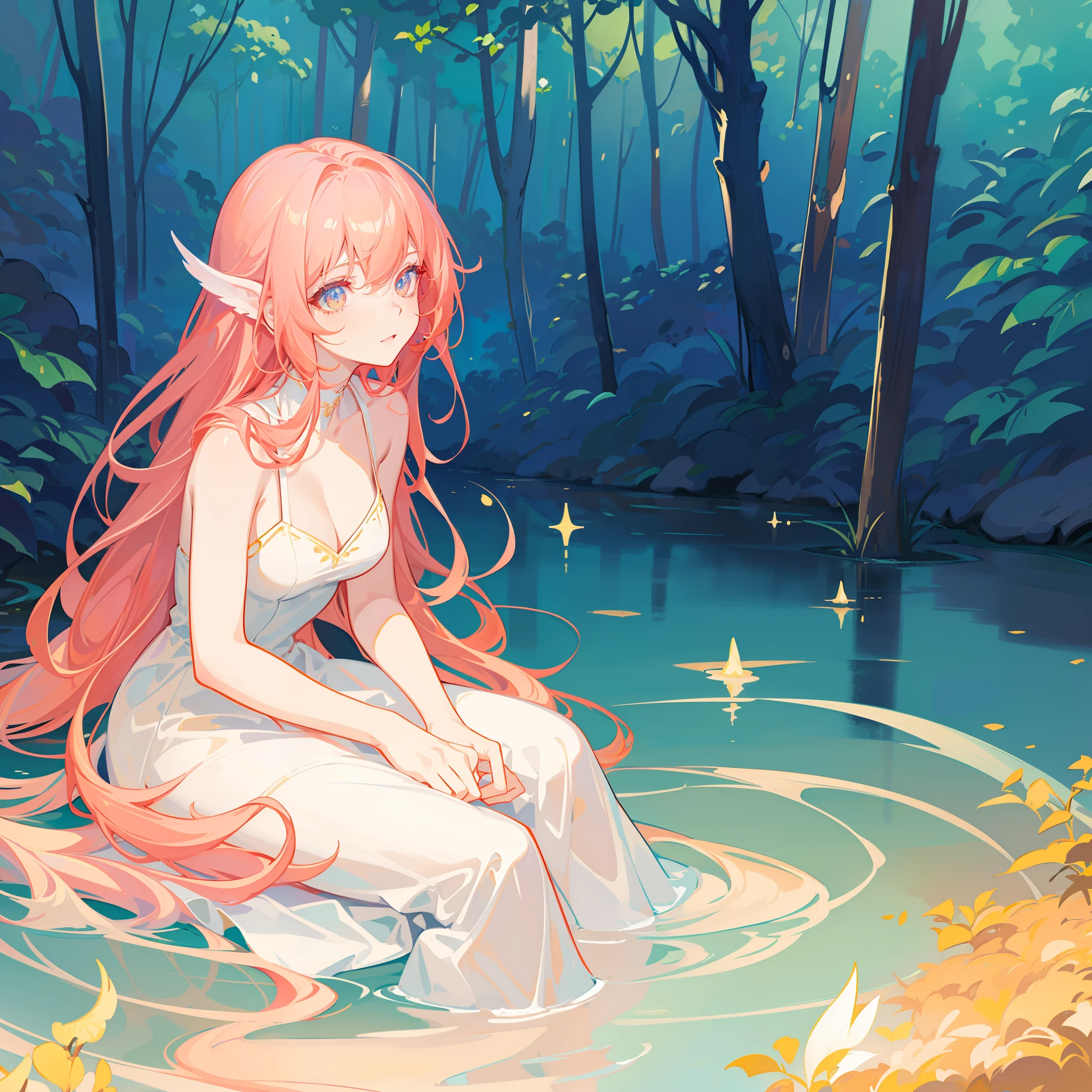 beautiful girl in simple white dress, long red hair, forest background, beautiful girl sitting in a river, forest landscape, nature, beautiful girl, beautiful face, vibrant pastel colors, (colorful), magical lights, sparkling lines of light, inspired by Glen Keane, inspired by Lois van Baarle, disney art style, by Lois van Baarle, glowing aura around her, by Glen Keane, jen bartel, glowing lights! digital painting, flowing glowing hair, glowing flowing hair, beautiful digital illustration, fantasia background, whimsical, magical, fantasy, beautiful face, ((masterpiece, best quality)), intricate details, highly detailed, sharp focus, 8k resolution, sparkling detailed eyes, liquid watercolor