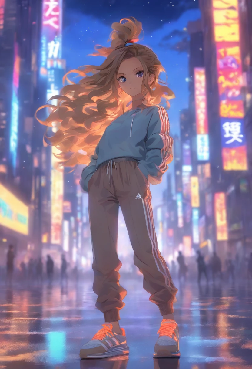 girl, look at sky, long light brown hair, skinny pants, gray blouse, adidas Grand Court Se, night weather, middle of the city, neon, background people and cars, fullbody view