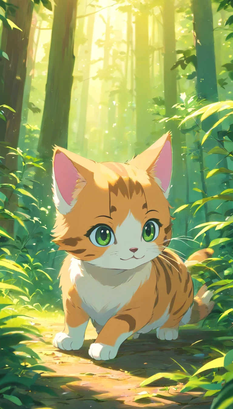 **[cutecore, Tiny cores, The heart of nature] cute little cat, ln the forest, Playing with the, Looks fun, Pixar style eyes