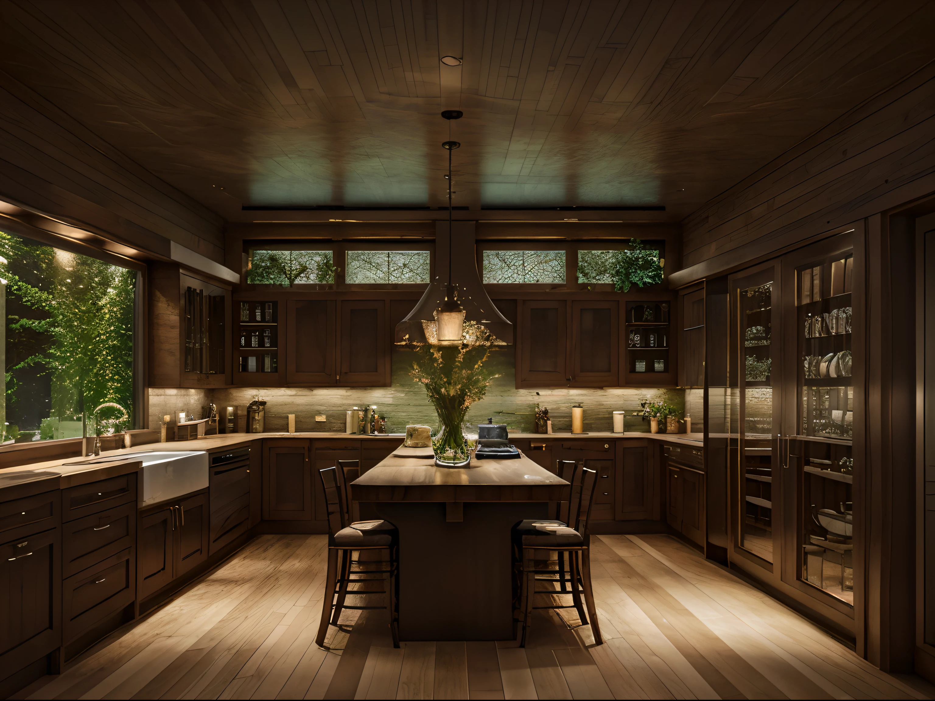 A large kitchen with full interior details, table, Double glass pane outward, Decorative greenery, Realistic and detailed visual widgets, Dimension, Modern wood materials, beautiful lighting, Magical night space with the light of lamps preparing for a crowded party, monumental