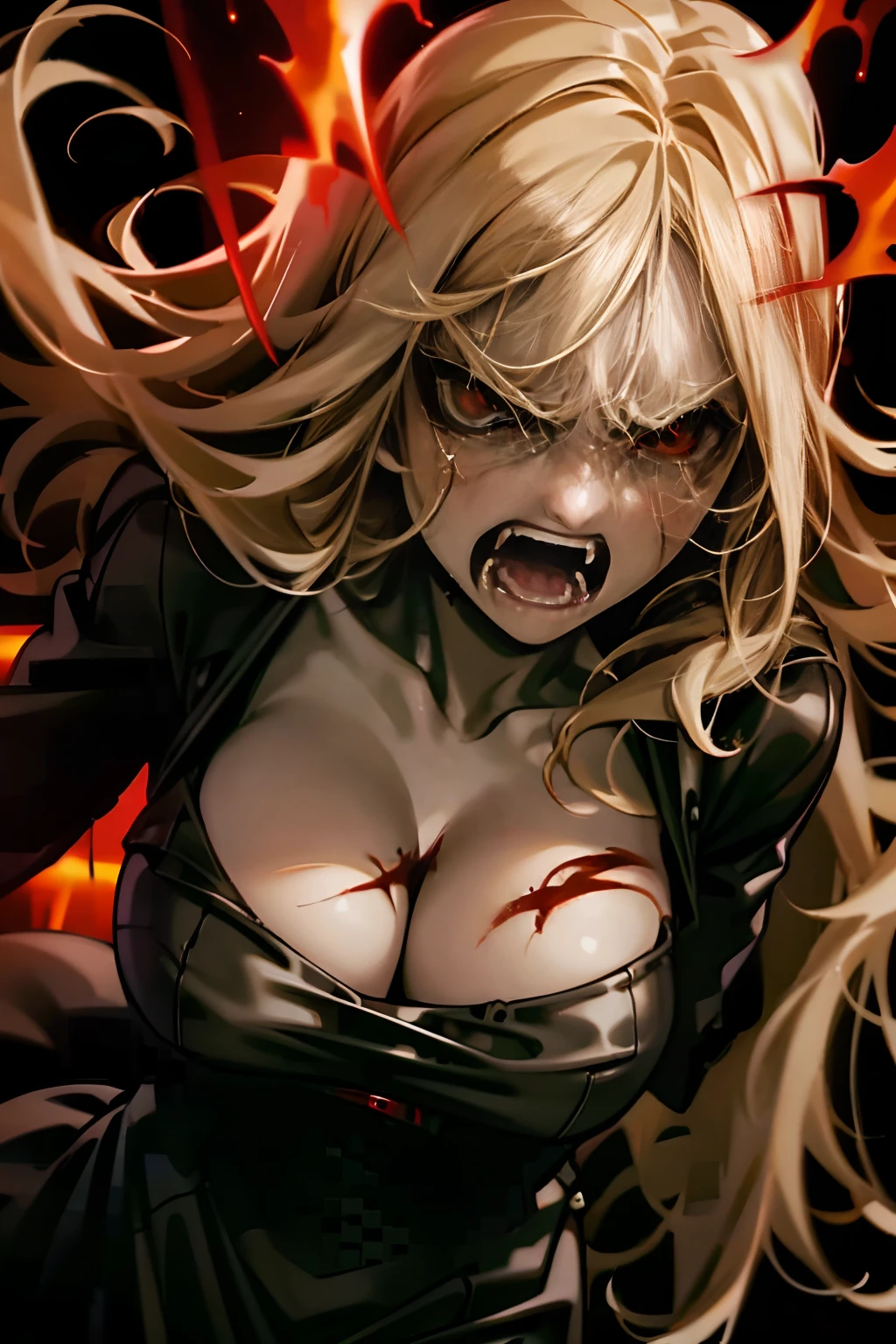 masterpiece, 8k, best quality, 1girl, vampire, sexy female angry vampire, bloody face, light blonde hair, huge tits, long (black hair):1.2, red glowing eyes, snarling, open mouth, fangs, dark smoky eye makeup, wearing long leather dress, clawed hands, sunset town background, high definition, detailed, intricate, gigantic breast, cleavage, giga_busty