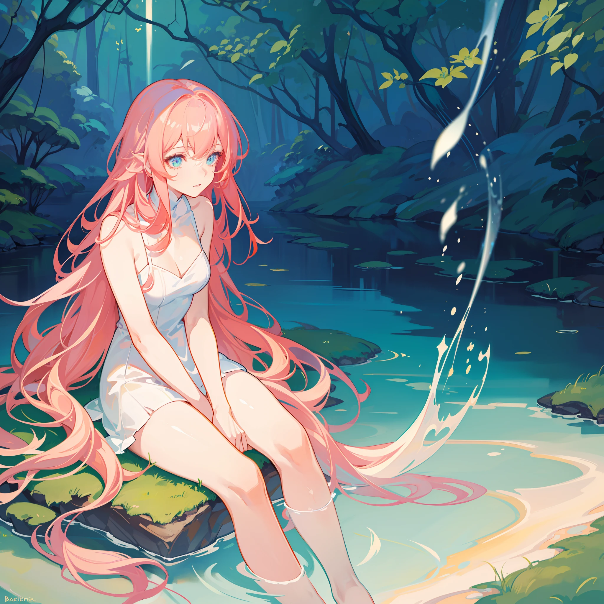 beautiful girl in simple white dress, long red hair, forest background, beautiful girl sitting in a river, forest landscape, nature, beautiful girl, beautiful face, vibrant pastel colors, (colorful), magical lights, sparkling lines of light, inspired by Glen Keane, inspired by Lois van Baarle, disney art style, by Lois van Baarle, glowing aura around her, by Glen Keane, jen bartel, glowing lights! digital painting, flowing glowing hair, glowing flowing hair, beautiful digital illustration, fantasia background, whimsical, magical, fantasy, beautiful face, ((masterpiece, best quality)), intricate details, highly detailed, sharp focus, 8k resolution, sparkling detailed eyes, liquid watercolor
