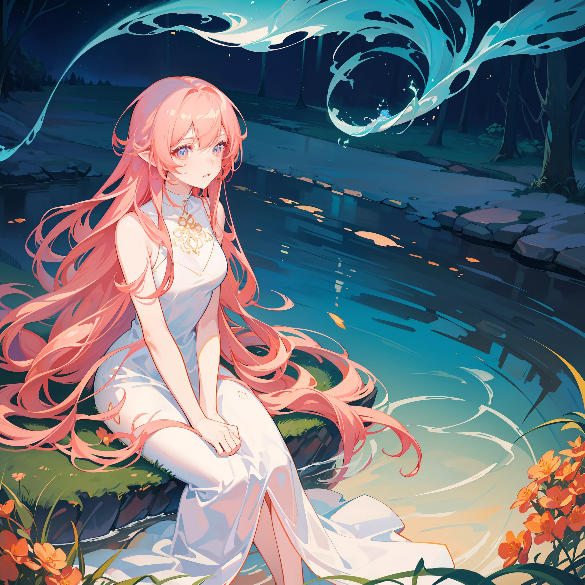 beautiful girl in simple white dress, long red hair, forest background, beautiful girl sitting in a river, forest landscape, nature, beautiful girl, beautiful face, vibrant pastel colors, (colorful), magical lights, sparkling lines of light, inspired by Glen Keane, inspired by Lois van Baarle, disney art style, by Lois van Baarle, glowing aura around her, by Glen Keane, jen bartel, glowing lights! digital painting, flowing glowing hair, glowing flowing hair, beautiful digital illustration, fantasia background, whimsical, magical, fantasy, beautiful face, ((masterpiece, best quality)), intricate details, highly detailed, sharp focus, 8k resolution, sparkling detailed eyes, liquid watercolor