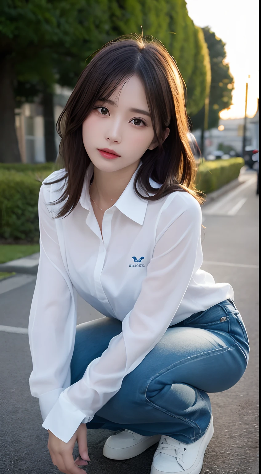 finely detail, hight resolution, hightquality、Perfect dynamic composition, Beautiful detailed eyes, Medium Hair, small tits、Natural Color Lip,Kamimei、Shibuya、20 years girl、1 persons、Transparent skin、Glowing hair、masutepiece, Best Quality, Ultra-detailed, finely detail, hight resolution, 8K、The correct state of the human body、crouching down、Gravure Model Pose,Beautiful sunset,Park Garden,beautiful ilumination,Photographed with hair fluttering in the wind,((Clothes are wet and see-through,White shirt with long sleeve collar:1.5,denim pant:1.5,))