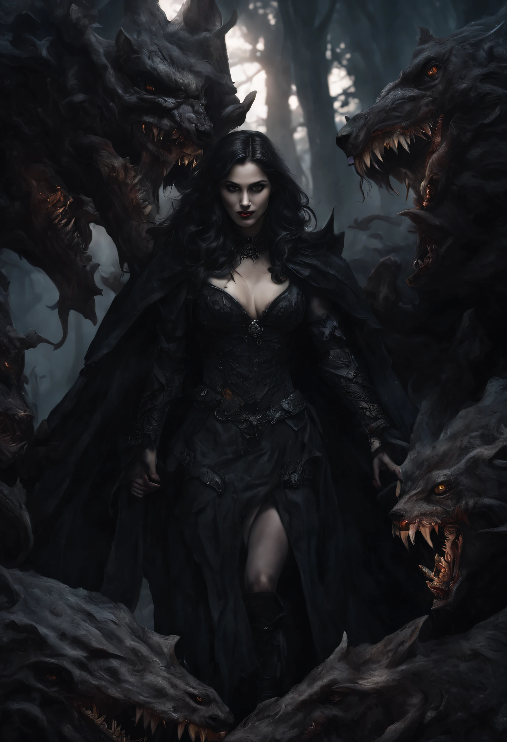 (Extremely detailed 8k wallpaper), a mid shot photo of a terrifying female vampire fear elder, complex, highly detailed, and dramatic, 20 years old girl, young girl, fit girl, large breasts, canine teeth, fangs