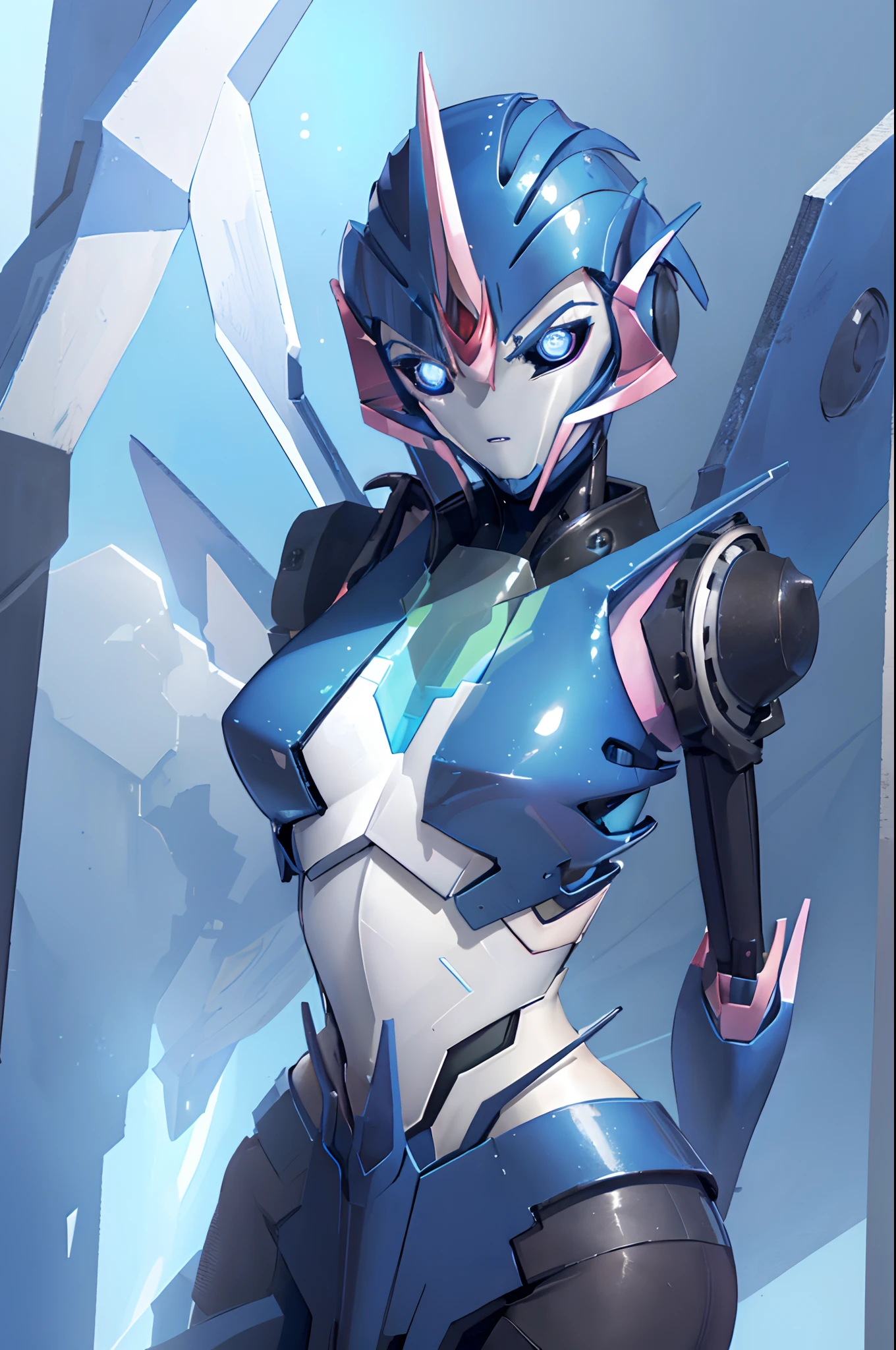 (masterpiece, best quality:1.2), arcee (transformers prime), 1girl, mecha, solo, robot, breasts, blue eyes, autobot, no humans, blue lips, science fiction, glowing, (futuristic prison), ((((((arms behind back)))))), (((upper body))), angry,
