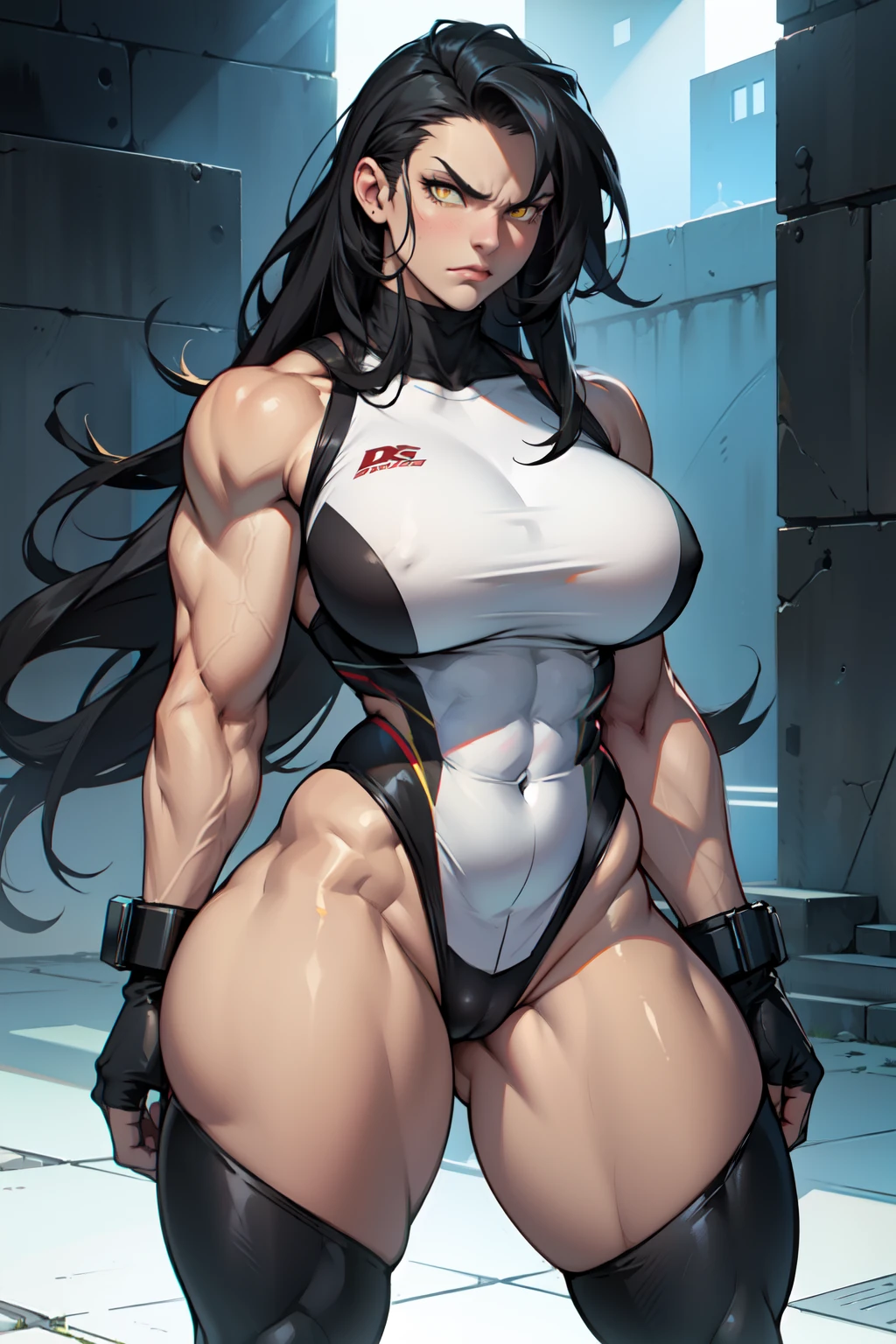 1girl muscular toned body bodybuilder curvy wide hips thick thighs huge tits black hair yellow eyes very long hair pale skin angry curvy
