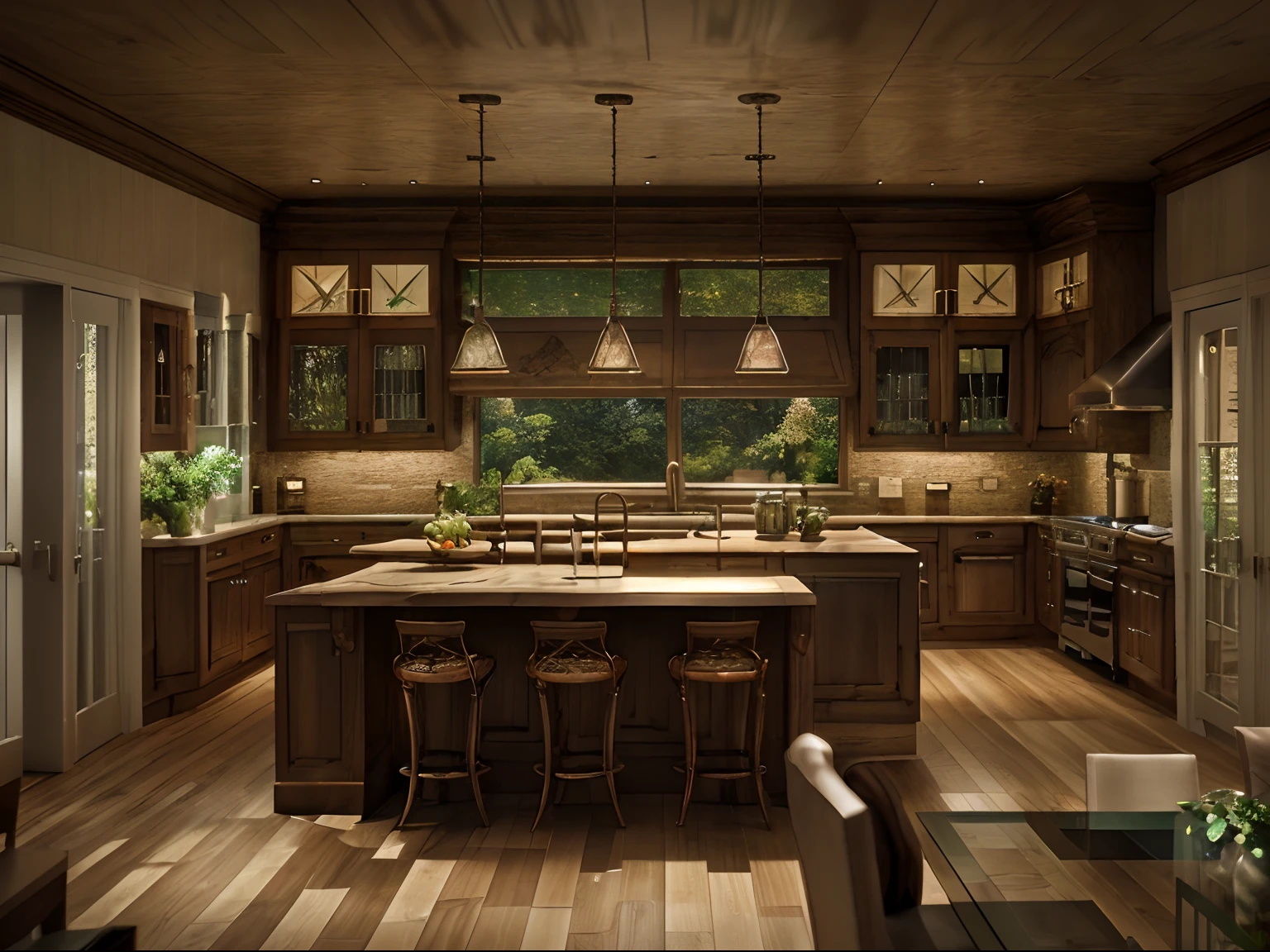 A large kitchen with full interior details, table, Double glass pane outward, Decorative greenery, Realistic and detailed visual widgets, Dimension, Modern wood materials, beautiful lighting, Magical night space by the light of the lamps