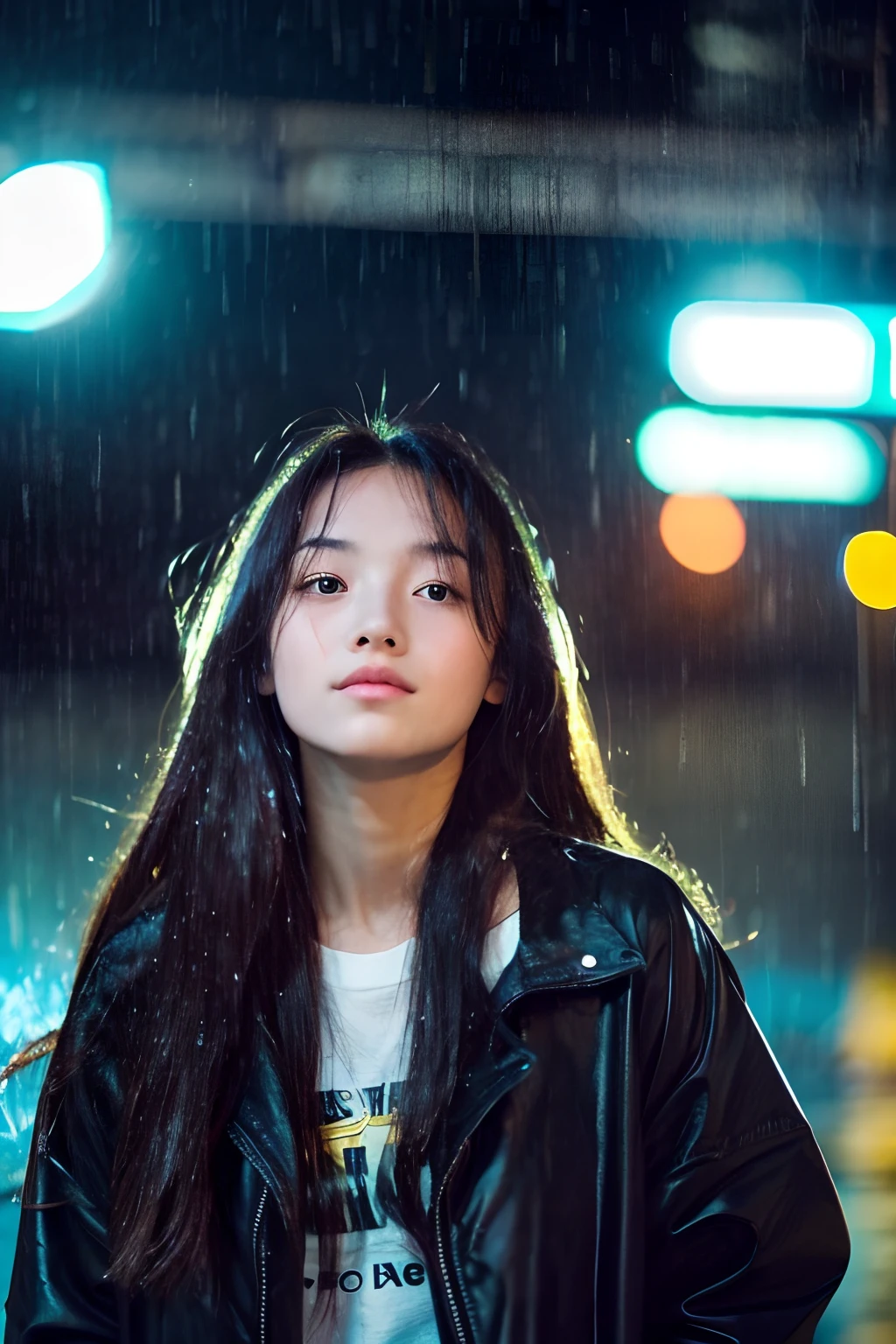 20-year-old girl, long whitr hair, Rain dripping down your hair, on the body, The background is rainy, streetview.