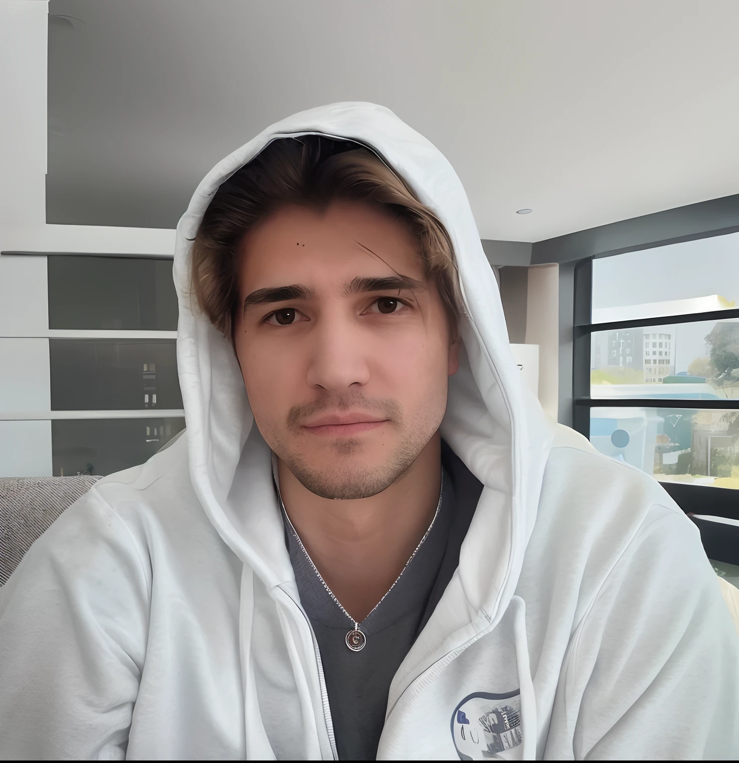 Man in white hoodie sitting on a sofa, XQC, inspirado por Ion Andreescu, diego fernandez, inspirado em Adam Dario Keel, Condutor de Ene, Aykut Aydogdu, taken in the early 2020s, foto de perfil headshot, inspirado em Luca Zontini, inspired by John Luke, Vitaly Bugarov