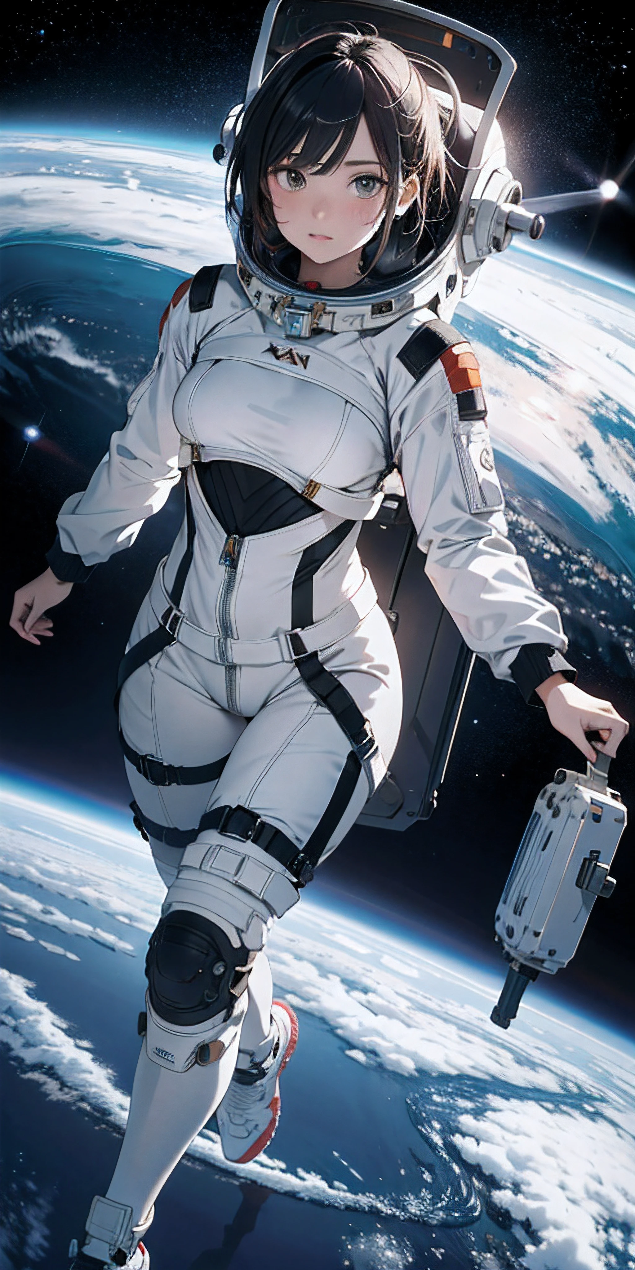 Absurd resolution, high resolution, (masterpiece:1.4), ultra-detailed, 1girl, in spacesuit, seen from above, space, floating, satellite, running pose, wide-angle lens distortion