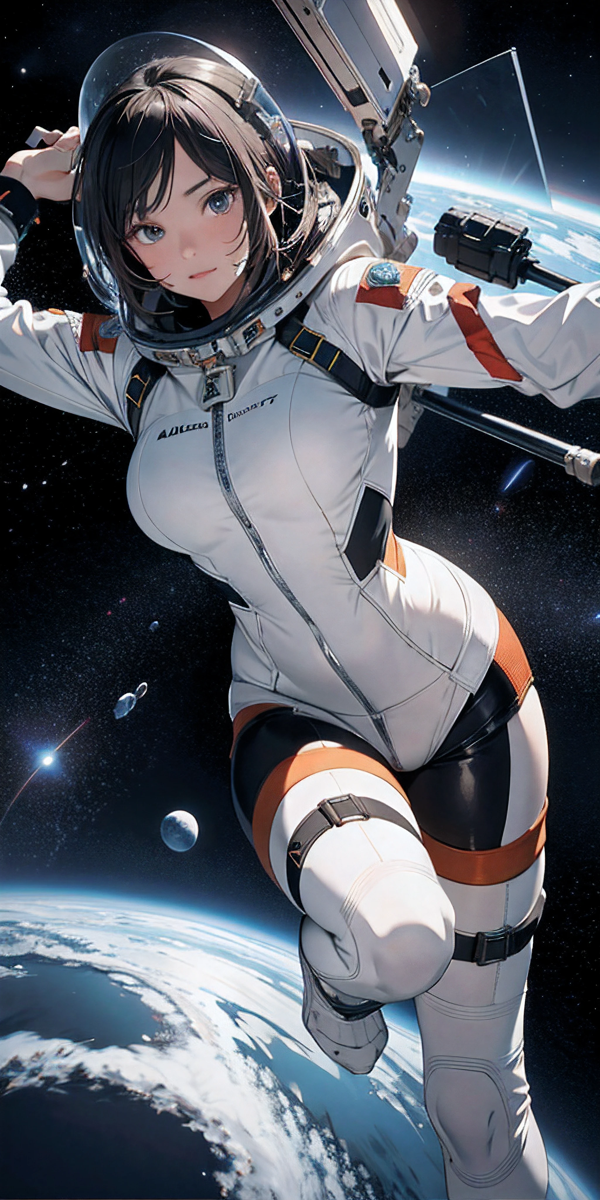ridiculous resolution, high resolution, (masterpiece:1.4), super detailed, 1 girl, in spacesuit, view from above, space, floating, satellite, running posture, Wide angle lens distortion.