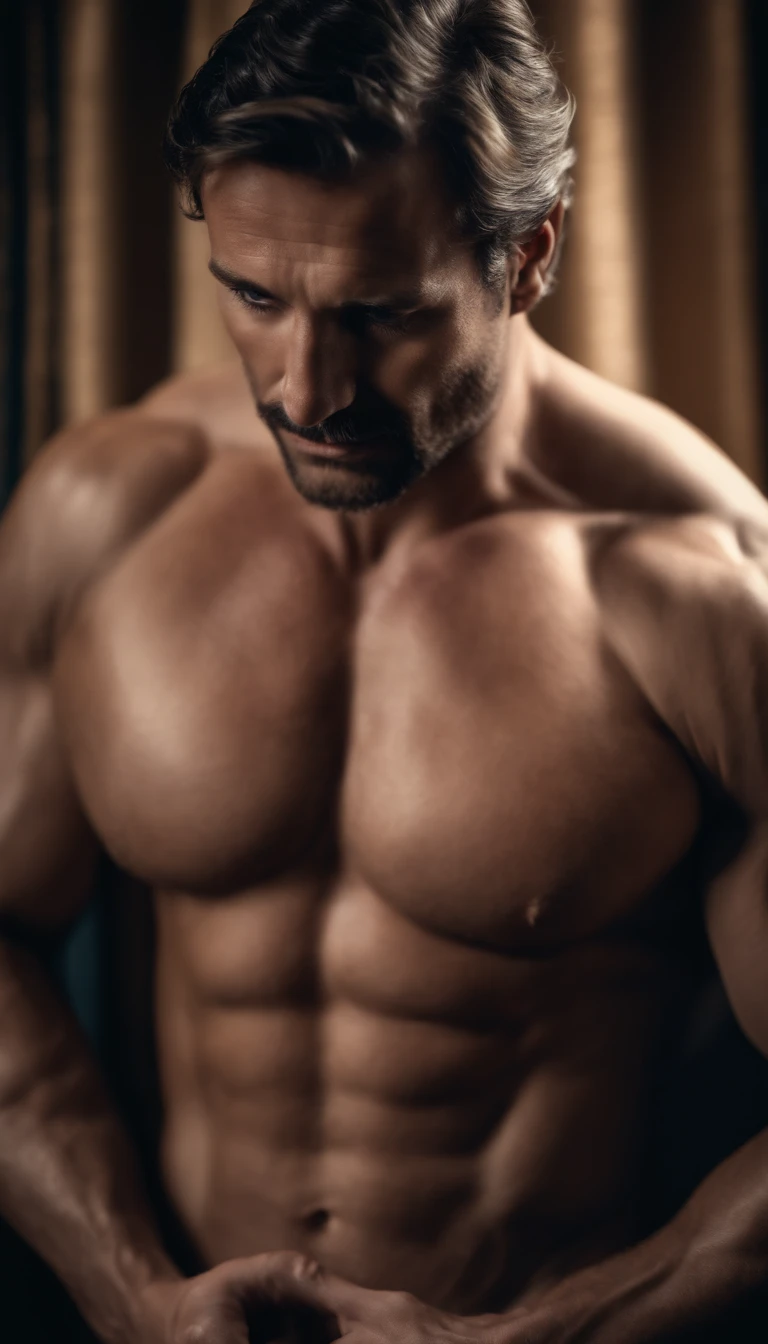 Body Shot Naked Hot Man 40 years old Defined Muscles Blue Eyes Ultrarealistic High Details Large Genitalia Dim Light