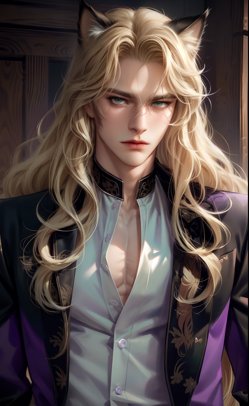 Purple coat, one male, cat ears, long hair, blond, blond hair, green eyes, tall, muscular, white shirt, beautiful face, highest quality, masterpiece, 2d, anime, perfect face, highest detail, feline eyes, stubble, cat tail, wavy hair, cowboy shot, detailed face, intricate details, blushing, nervous,