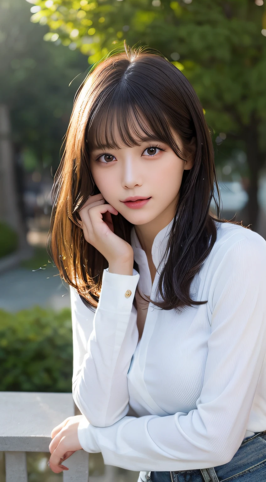 finely detail, hight resolution, hightquality、Perfect dynamic composition, Beautiful detailed eyes, Medium Hair, small tits、Natural Color Lip,Kamimei、Shibuya、20 years girl、1 persons、Transparent skin、Glowing hair、masutepiece, Best Quality, Ultra-detailed, finely detail, hight resolution, 8K、The correct state of the human body、crouching down、Gravure Model Pose,Beautiful sunset,Park Garden,beautiful ilumination,Photographed with hair fluttering in the wind,((Clothes are wet and see-through:1.5,White shirt with long sleeve collar:1.5,denim pant:1.5,))