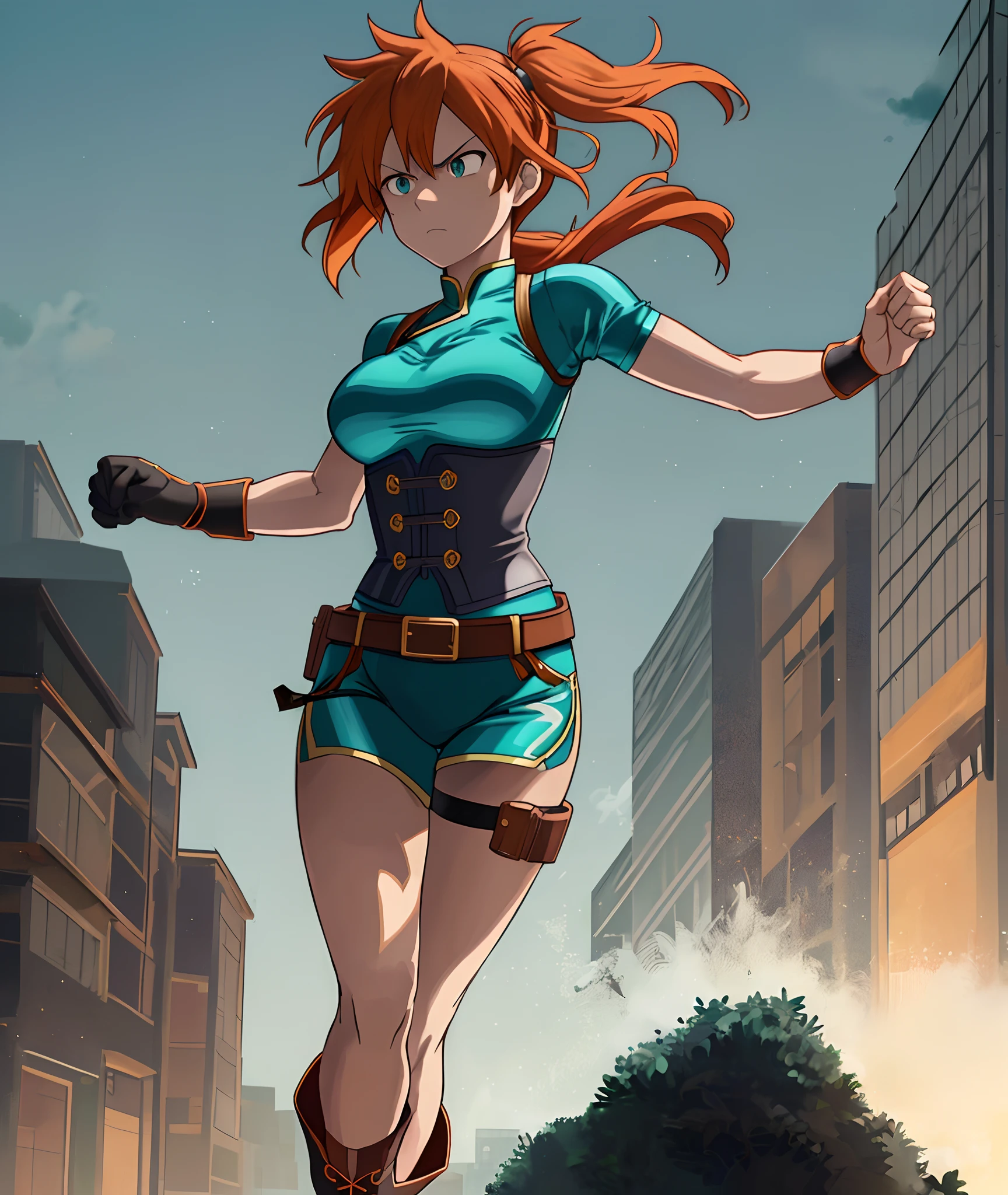 [kendou itsuka], [Boku no hero academia], ((masterpiece)), ((HD)), ((high quality)), ((solo portrait)), ((front view)), ((full body)), ((anime)), ((Kohei Horikoshi artstyle)), ((detailed shading)), ((cel shading)), ((intricate details)), ((cinematic lighting)), {(athletic woman), cute cyan eyes, orange hair, (side ponytail), short eyelashes, medium boobs, (gorgeous hips), (beautiful legs), (angry), (expressionless)}, {(turquoise knee-length qipao), (black corset), (leg straps), (brown belt), (black boots)}, {(running), (dynamic pose), (looking ahead)}, [Background; (skyscrapers), (grass), (blue sky), (sun rays)]