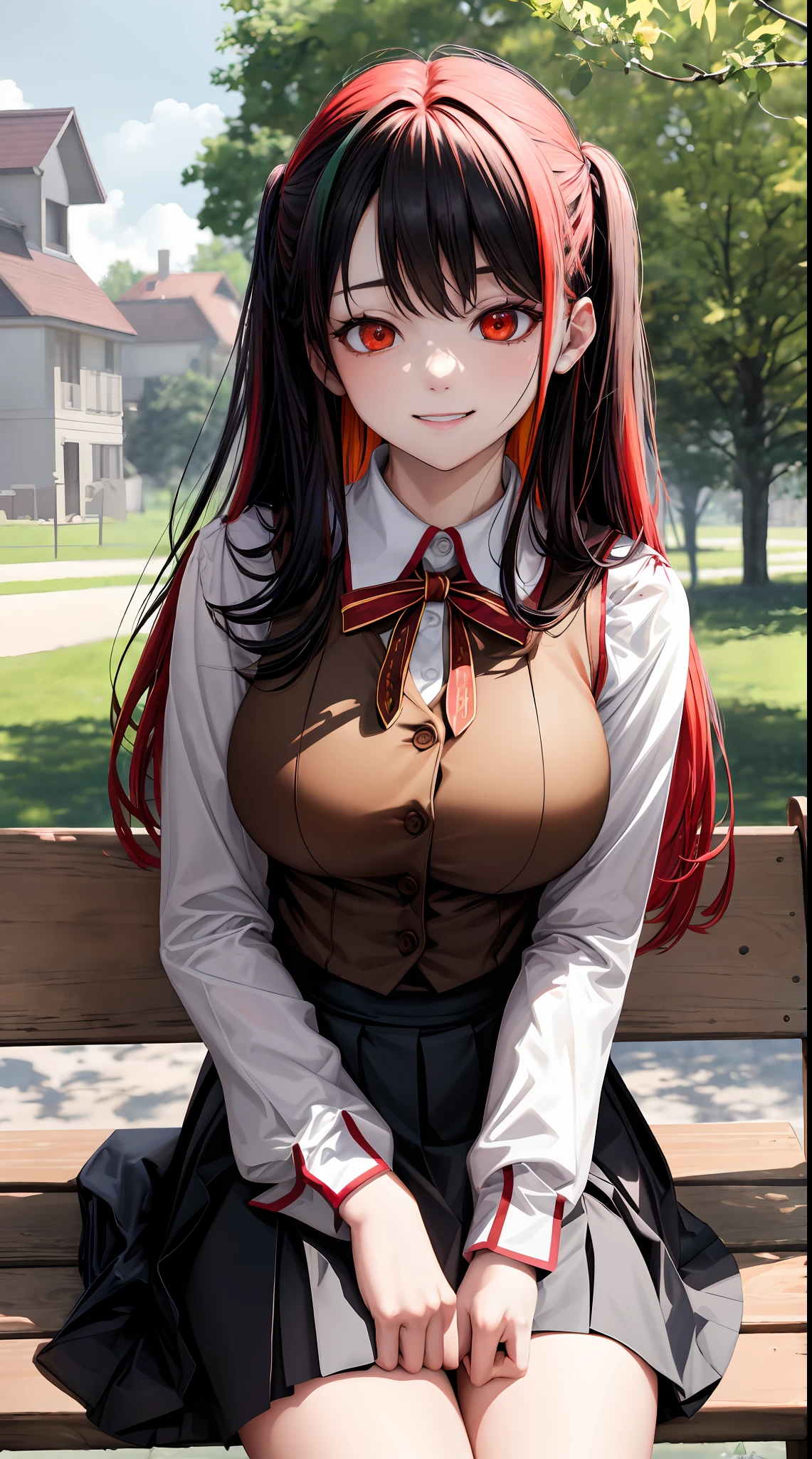 masterpiece, best quality, absurdres, perfect anatomy, 1girl, solo, multicolored hair, red eyes, long hair, HomuraharaFemale, (medium boobs:1.2), collared shirt, brown vest, long sleeves, black skirt, in the park,sit on the chair,(close up:1.2),smile