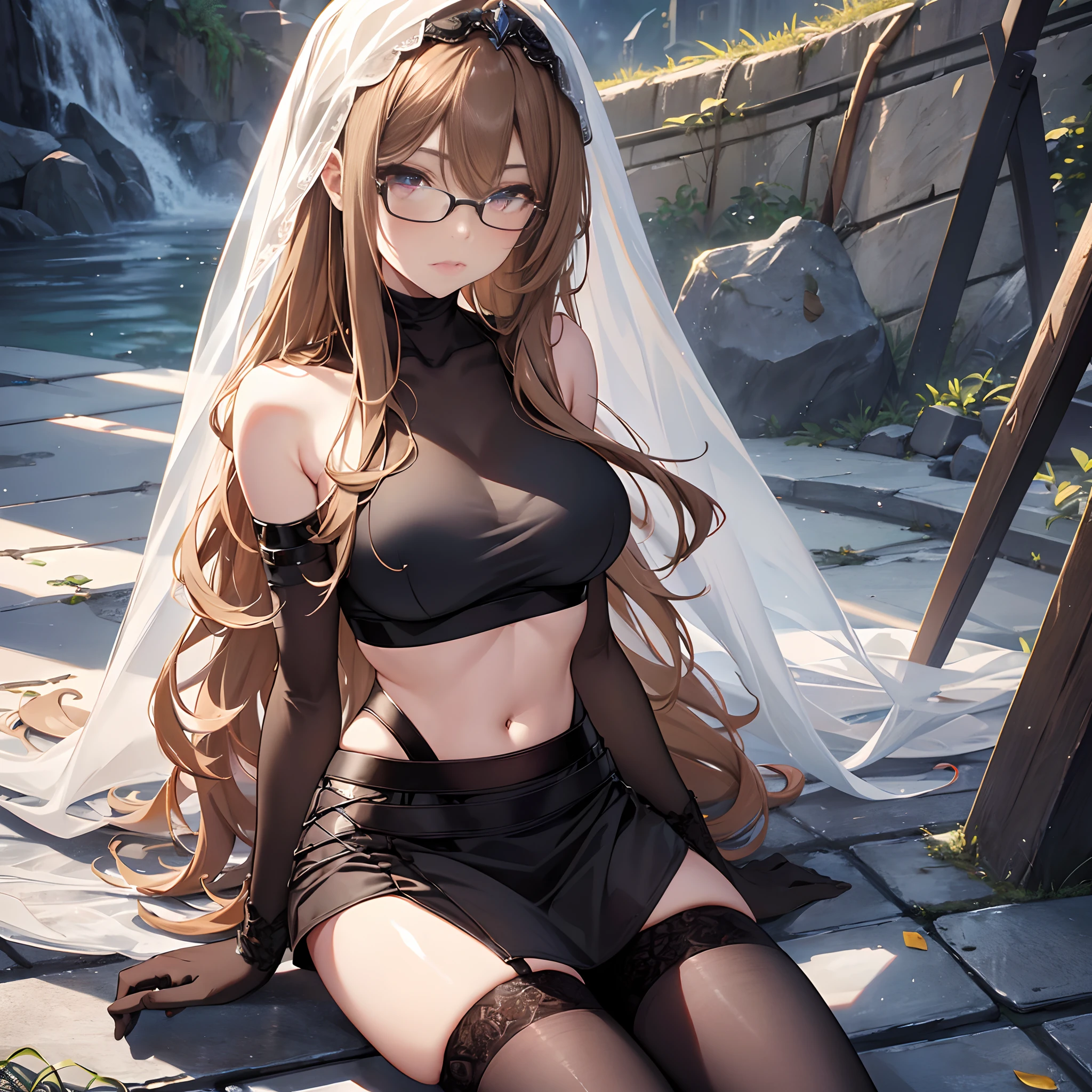 (Best quality, 8k,raytracing,1 girl, solo, masterpiece, detailed long brown_blonde hair, wavy hair, round glasses, brown_red eyes, mouth open, sharp canine teeth, vampire), gorgeous girl, sitting on marble ruins, looking at viewer, (large breasts, mature woman, wearing casual clothes, crop_top, veil, realistic black stockings, glittery eyes)