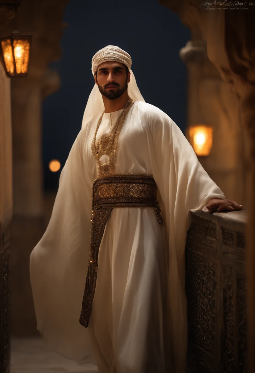 Best quality, Masterpiece, high resolucion,, 1 man of Arab origin dressed in a modest and warlike garment , Detailed face, (Haut du corps:1.6), Cybernetic cities, Mountains and rivers, Nuit, Firefly Lights, Realstic, rich in detail, (Hanfu blanc:1.2), (beau corps:1.4),