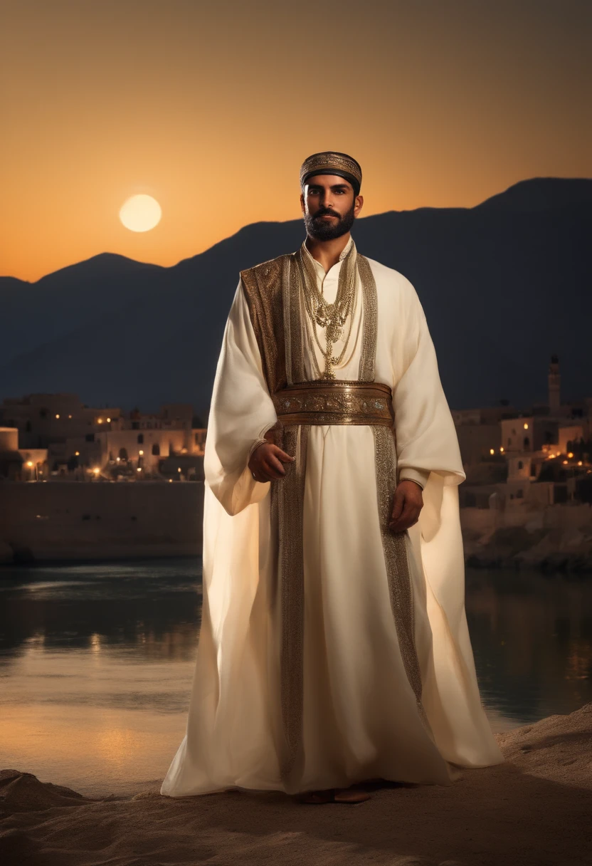 Best quality, Masterpiece, high resolucion,, 1 man of Arab origin dressed in a modest and warlike garment , Detailed face, (Haut du corps:1.6), Cybernetic cities, Mountains and rivers, Nuit, Firefly Lights, Realstic, rich in detail, (Hanfu blanc:1.2), (beau corps:1.4),