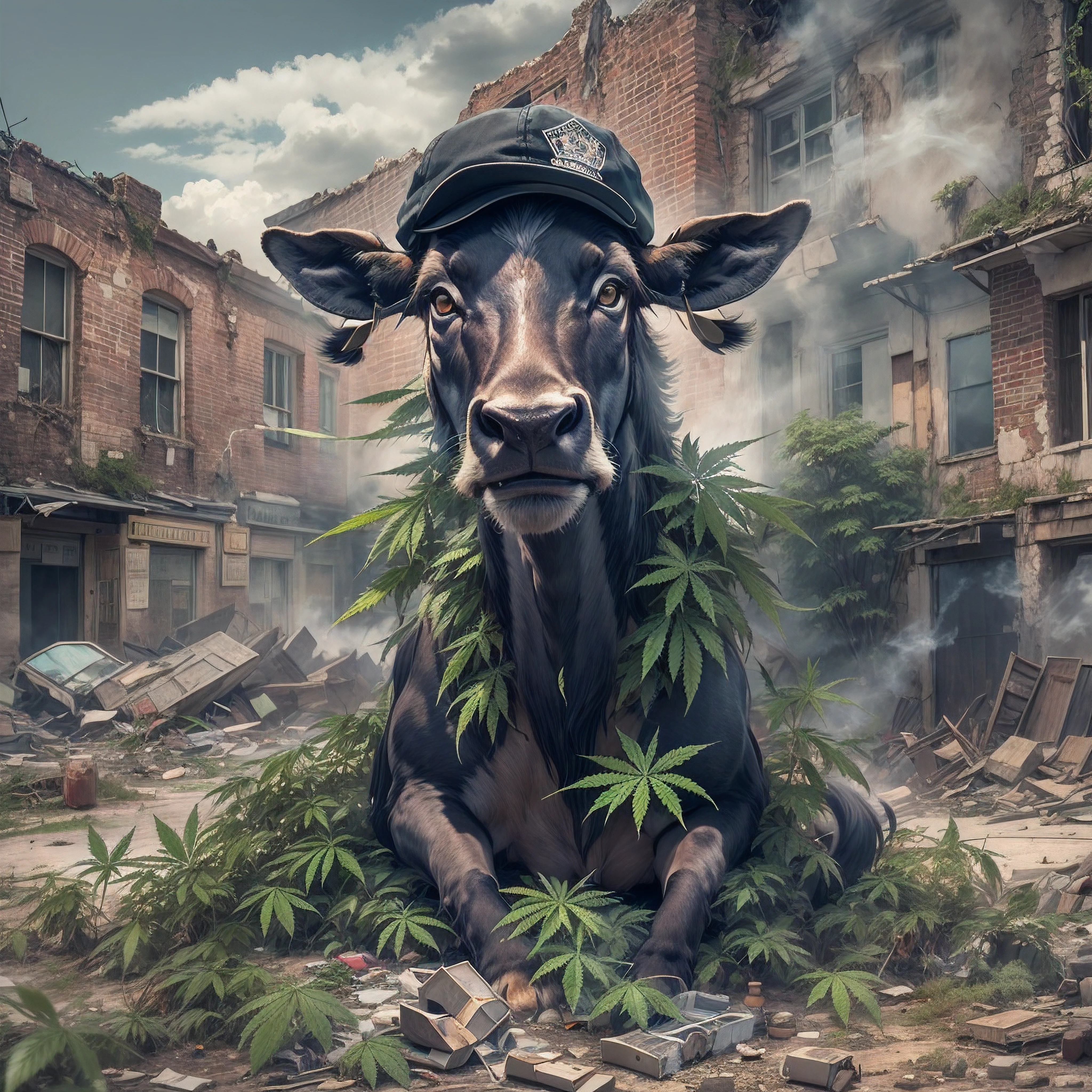 Wildebeest covered in marijuana wearing a BLACK flat cap hat is SMOKING MARIJUANA in the middle of the abandoned city