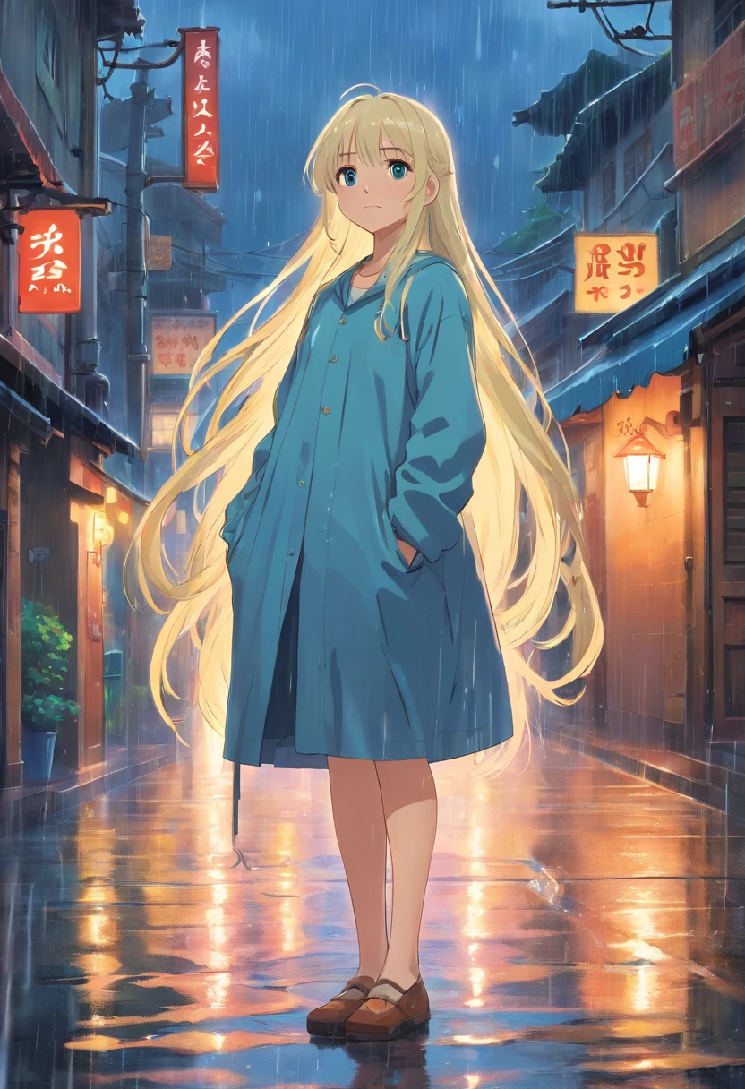 20-year-old girl, long whitr hair, Rain dripping down your hair, on the body, The background is rainy, streetview.