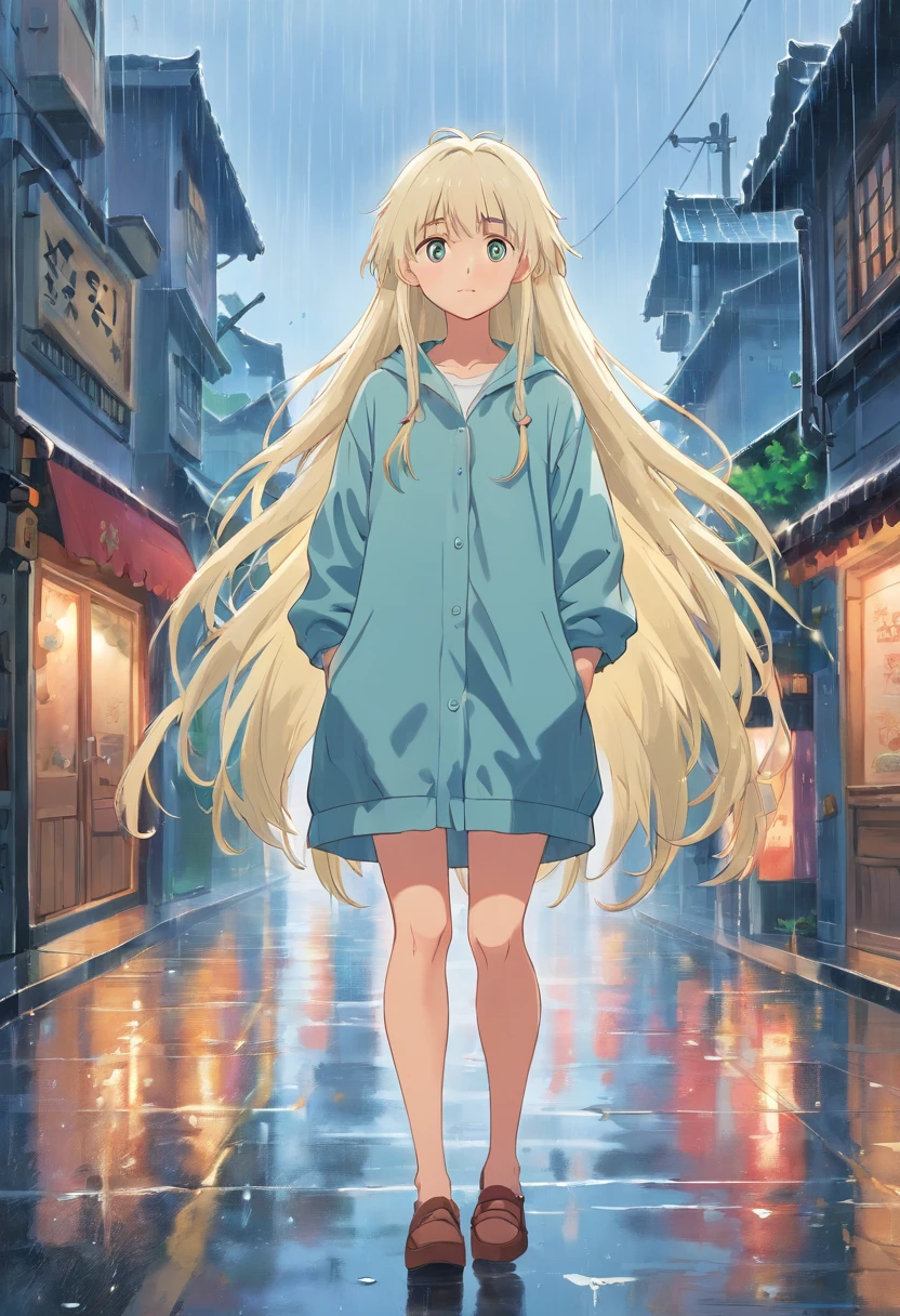 20-year-old girl, long whitr hair, Rain dripping down your hair, on the body, The background is rainy, streetview.