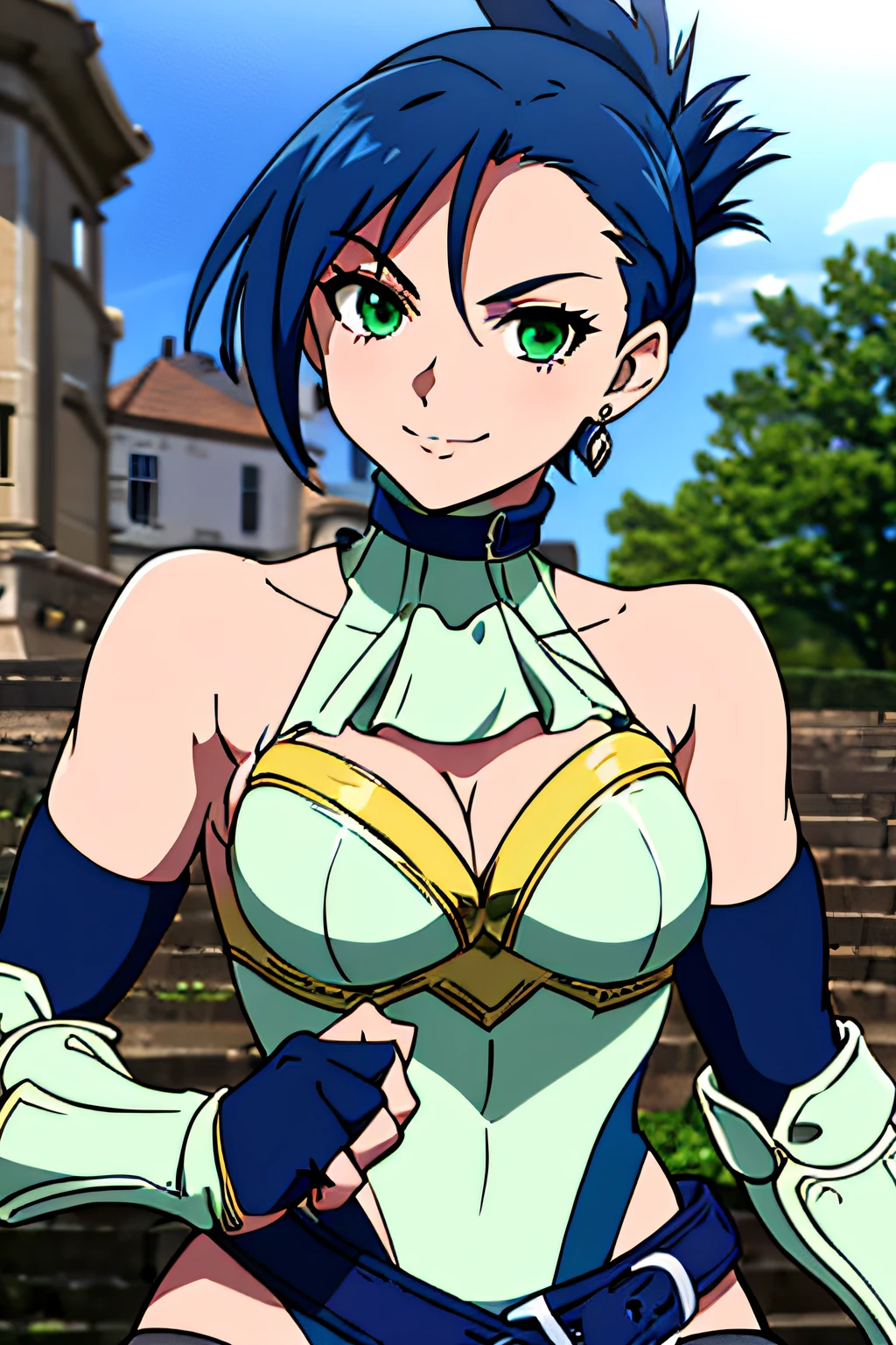 BLAIRDAME, blue hair ,green eyes ,folded ponytail, blue thighhighs, garter straps,breastplate,cleavage,belt,jewelry,shoulder armor,elbow gloves, yellow neck handkerchief, armored choker, leotard, fingerless gloves bare shoulders, 1girl, solo, facing viewer, looking at viewer, upper body, smile.