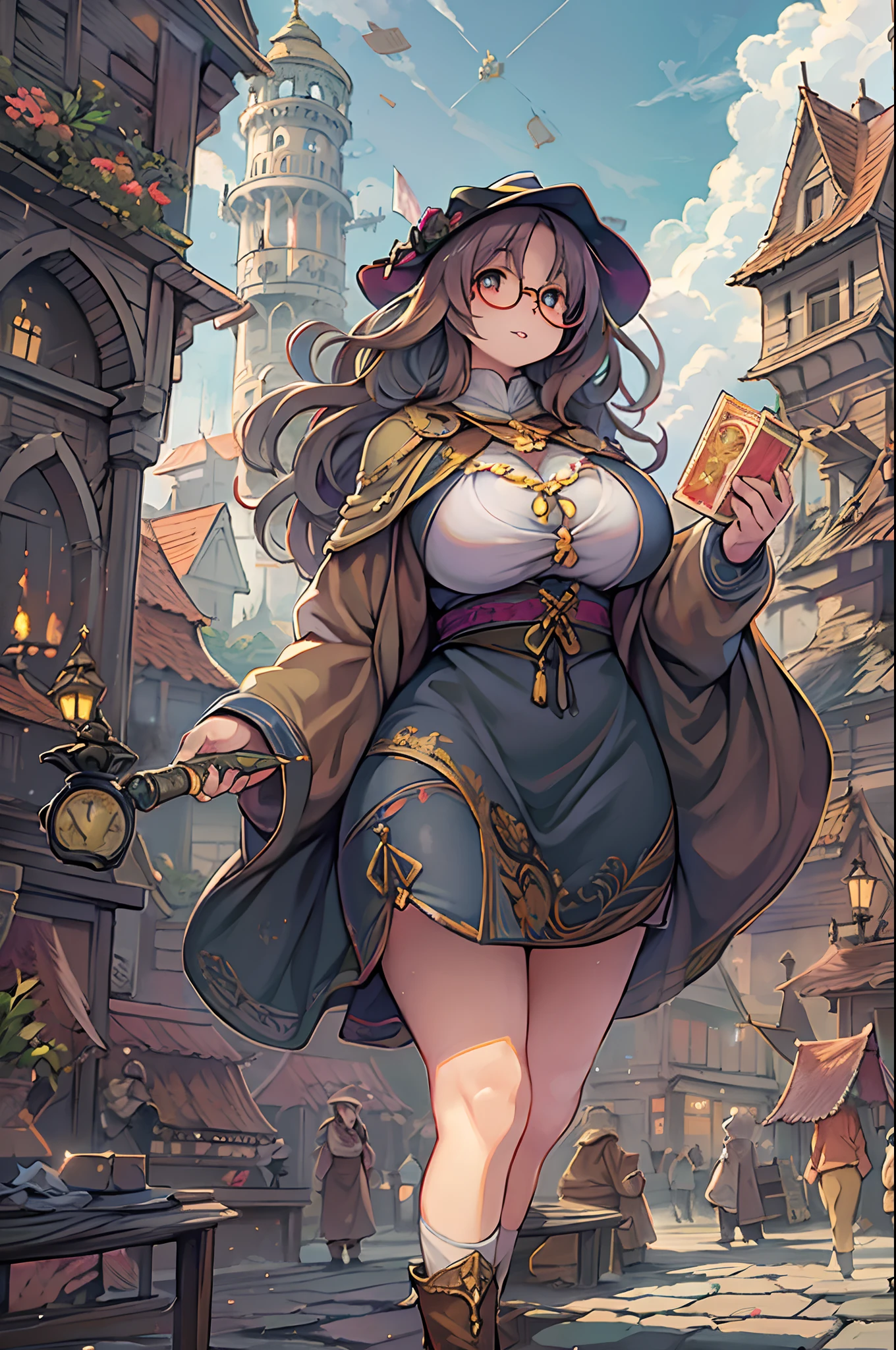 Fantasy,magic power,Realistic Girl Witch、bbw、huge-breasted、Anime style、Round glasses、Medieval cityscape