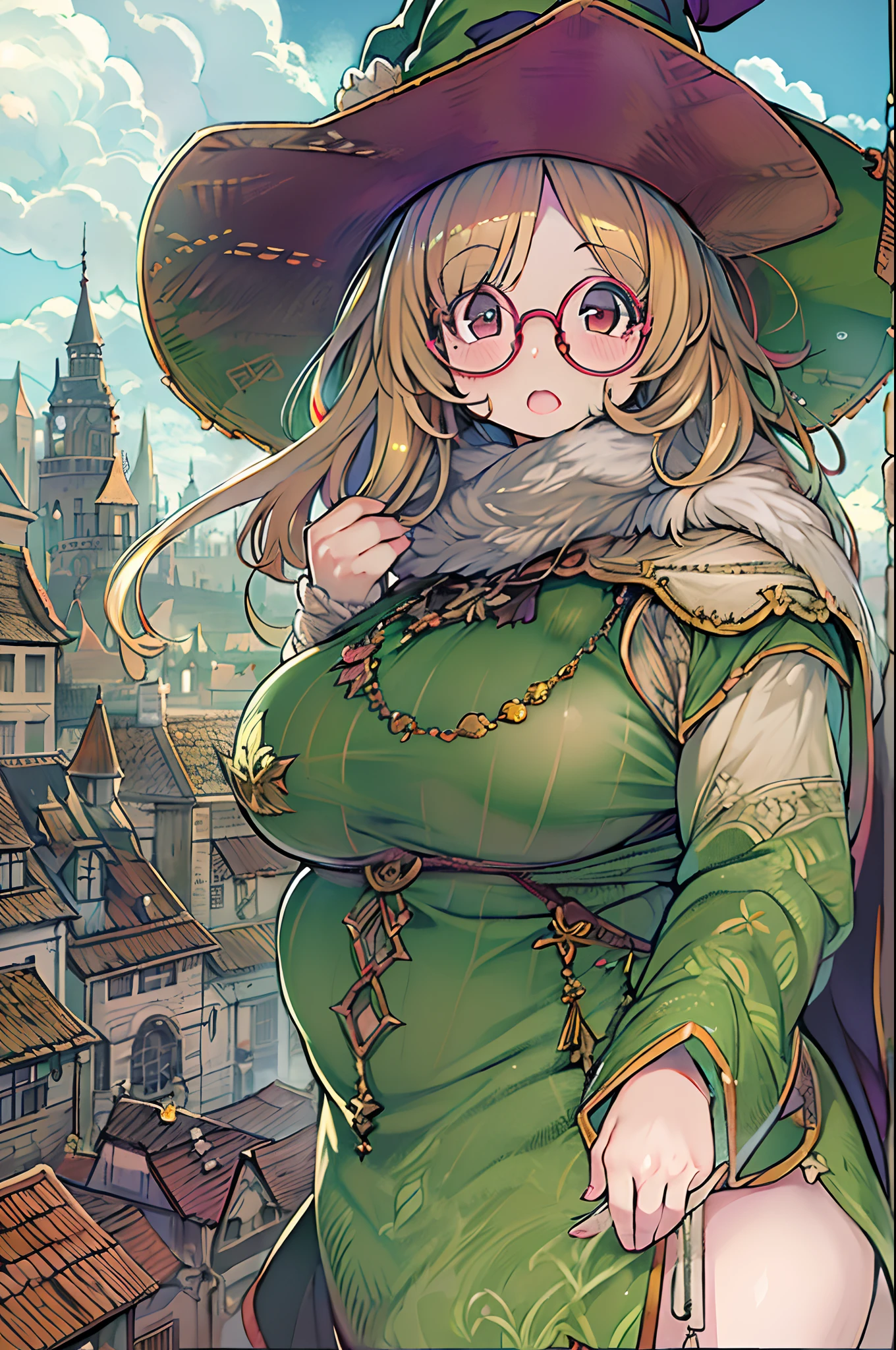 Fantasy,magic power,Realistic Girl Witch、bbw、huge-breasted、Anime style、Round glasses、Medieval cityscape