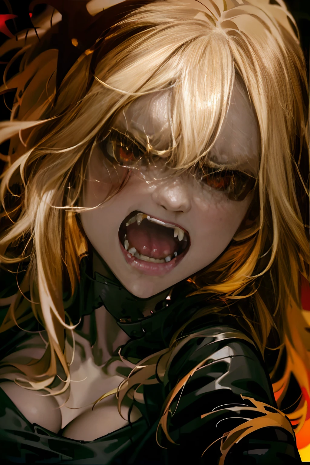masterpiece, 8k, best quality, 1girl, vampire, sexy female angry vampire, bloody face, light blonde hair, huge tits, long (black hair):1.2, red glowing eyes, snarling, open mouth, fangs, dark smoky eye makeup, wearing long leather dress, clawed hands, sunset town background, high definition, detailed, intricate, gigantic breast, cleavage, giga_busty