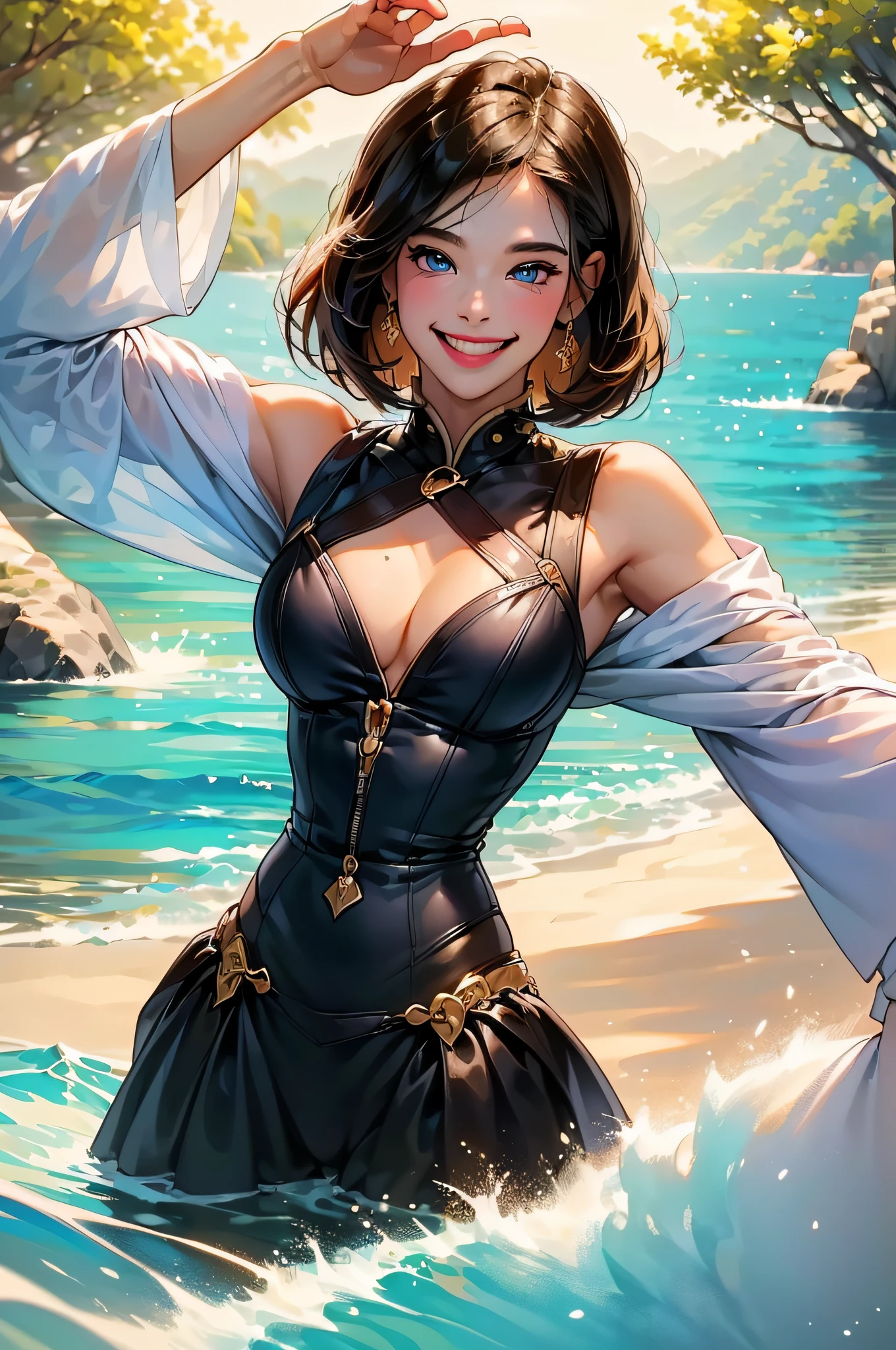 (in 8K、top-quality、masterpiece:1.2)、1人の女性、(Smiling smile:1.1)、beautidful eyes、Valley、The upper part of the body、shorth hair、Like a boy、Colossal tits、Gold View、
