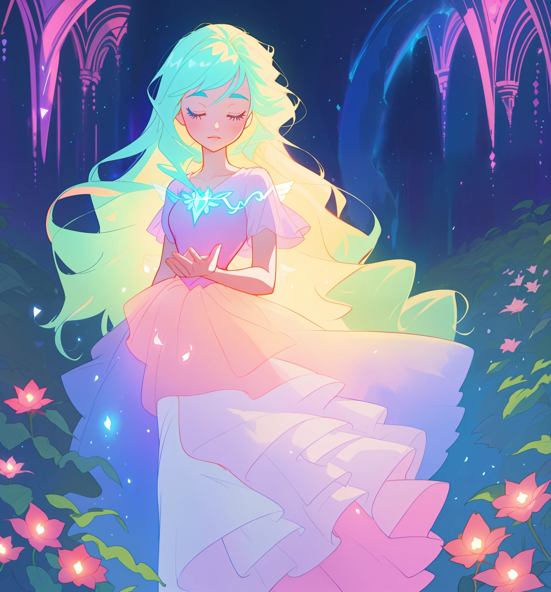beautiful girl in flowing tiered layered ballgown dress, fairy dress, fairy queen, magical forest background, (glowing fairy wings), glowing flowing ballgown, long wavy hair, sparkling fairy wings, watercolor illustration, flowers and colorful plants, inspired by Glen Keane, inspired by Lois van Baarle, disney art style, by Lois van Baarle, glowing aura around her, by Glen Keane, jen bartel, glowing lights! digital painting, flowing glowing hair, glowing flowing hair, beautiful digital illustration, fantasia otherworldly landscape plants flowers, beautiful, masterpiece, best quality, anime disney style