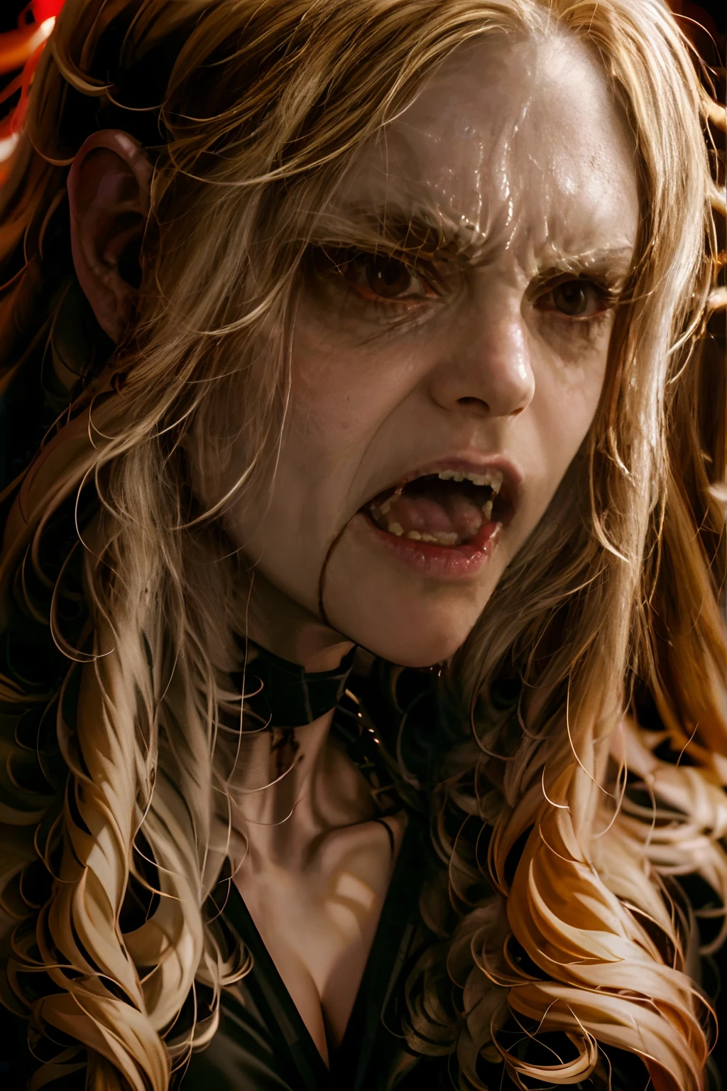 masterpiece, 8k, best quality, 1girl, vampire, sexy female angry vampire, bloody face, light blonde hair, huge tits, long (black hair):1.2, red glowing eyes, snarling, open mouth, fangs, dark smoky eye makeup, wearing long leather dress, clawed hands, sunset town background, high definition, detailed, intricate, gigantic breast, cleavage, giga_busty