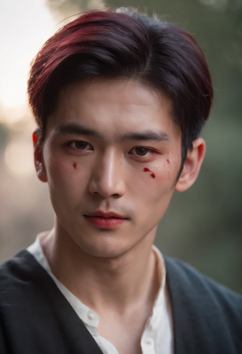 (((A deep red wound streaked across his left cheek))) Fair complexion, A Korean man around 20 years old, Black hair, Eye-popping, , hunk, Handsome, Candlelight in a medieval setting, super sharp focus, realistic lens, Four colors (Scar:1.4)