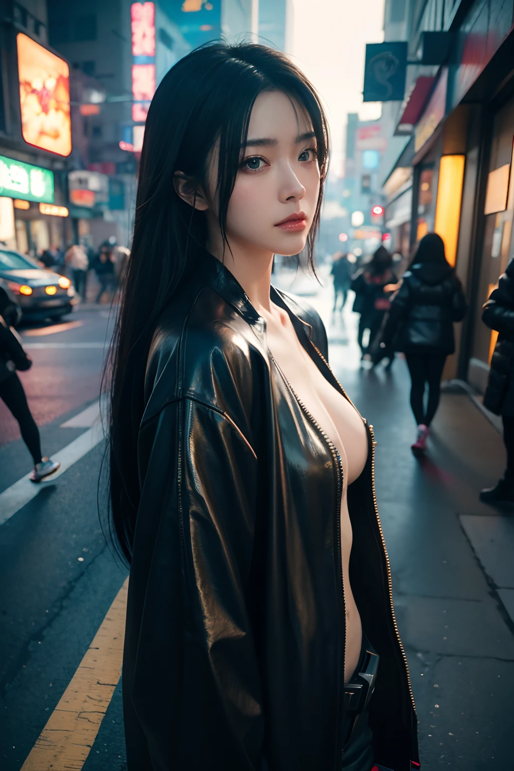 there is a woman standing on the side of the street, cyberpunk art by Yang J, trending on Artstation, realism, artwork in the style of guweiz, anime style. 8k, guweiz, realistic anime 3 d style, trending on cgstation, 🤤 girl portrait, hyper-realistic cyberpunk style, anime style mixed with fujifilm, dreamy cyberpunk girl, nsfw,