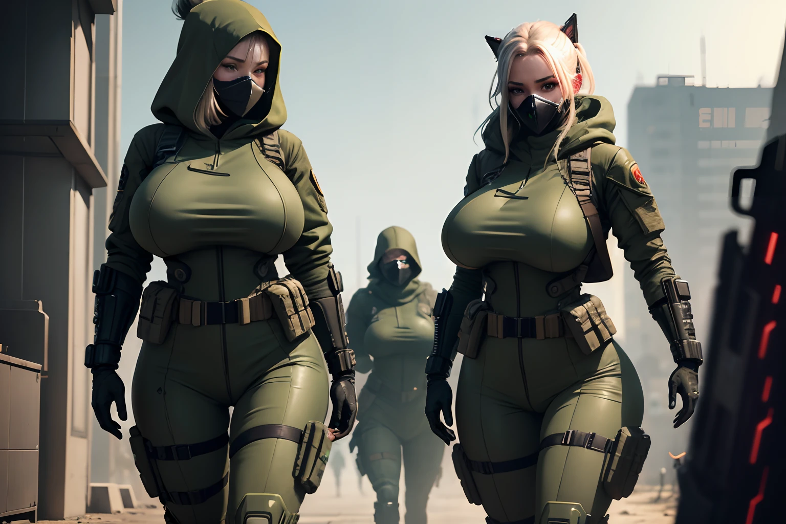 sci-fi army soldiers, cyberpunk, full body, 8k, cinematic, camouflaged color ((huge boobs)) big butt, gasmasks, hood,